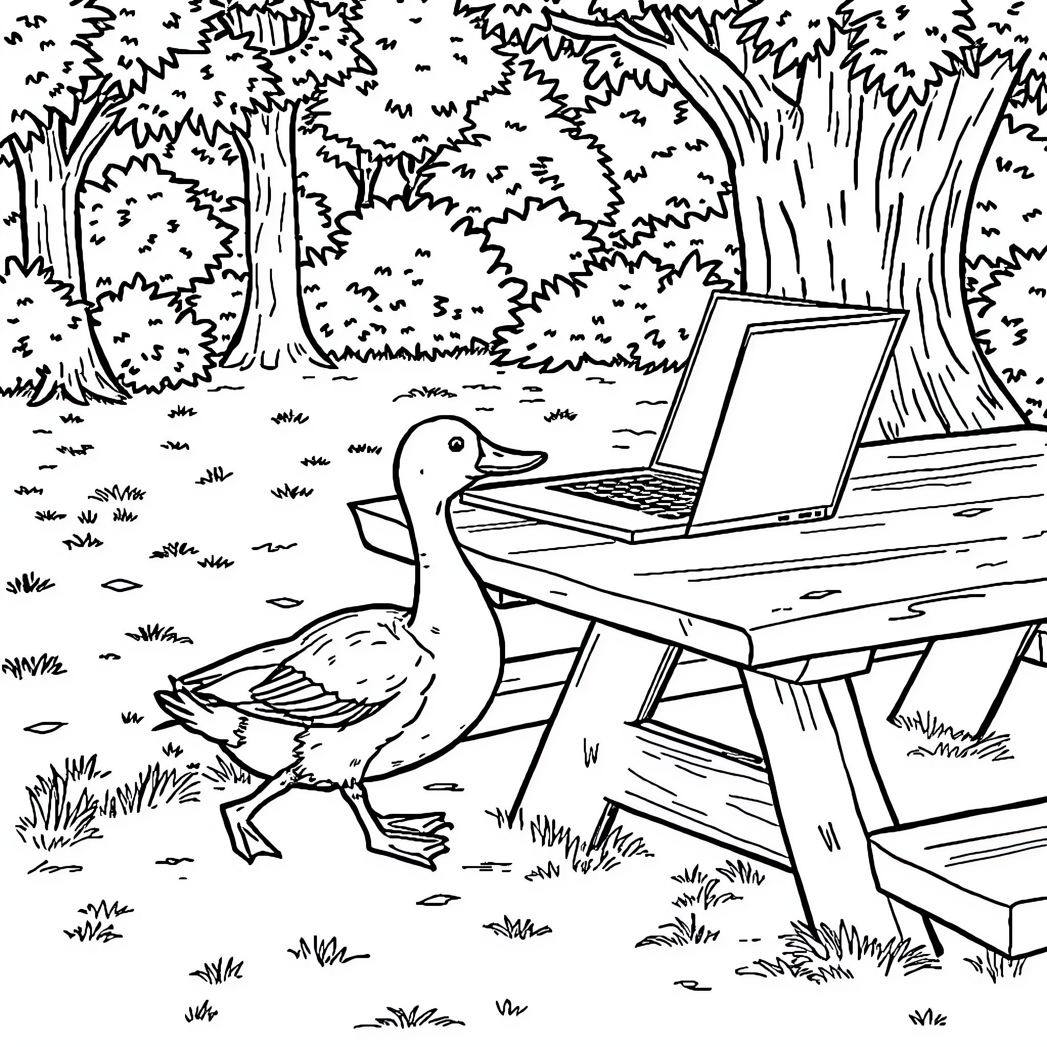 Duck relaxing on picnic table in the forest Coloring Page (free black-and-white line drawing printable PDF for all, from beginners to advanced learners, including children, teens, adults, and seniors)