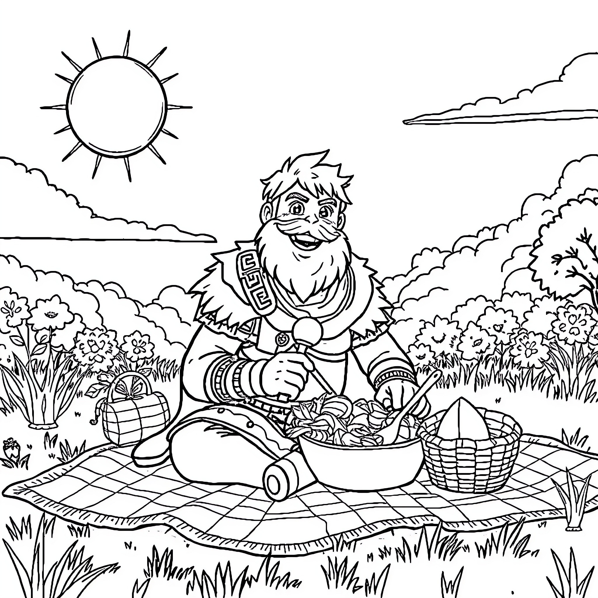 Solair picnic with delightful creature in scenic nature Coloring Page (free black-and-white line drawing printable PDF for all, from beginners to advanced learners, including children, teens, adults, and seniors)