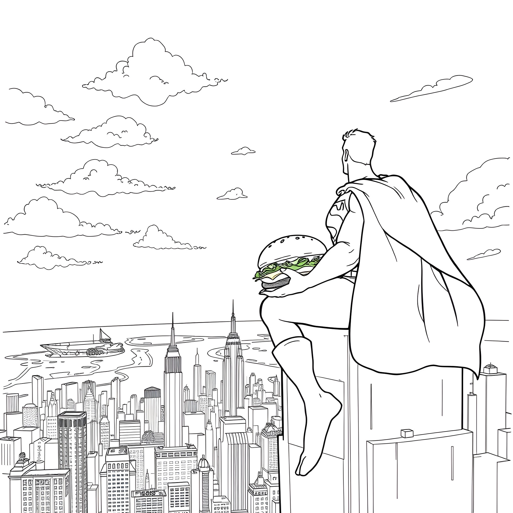 Superman overlooking the city skyline Coloring Page (free black-and-white line drawing printable PDF for all, from beginners to advanced learners, including children, teens, adults, and seniors)