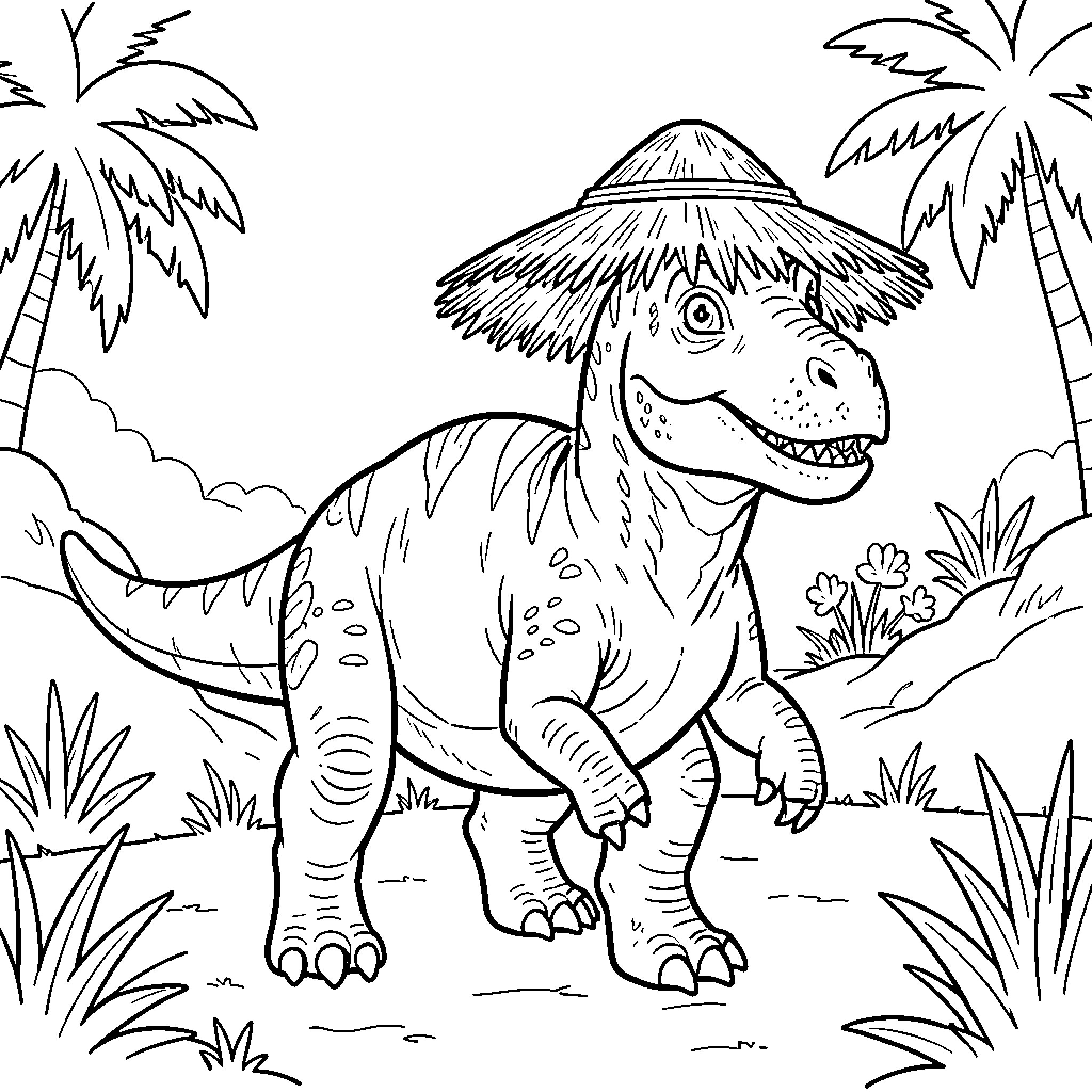 Dinosaur wearing a straw hat in a tropical jungle Coloring Page (free black-and-white line drawing printable PDF for all, from beginners to advanced learners, including children, teens, adults, and seniors)