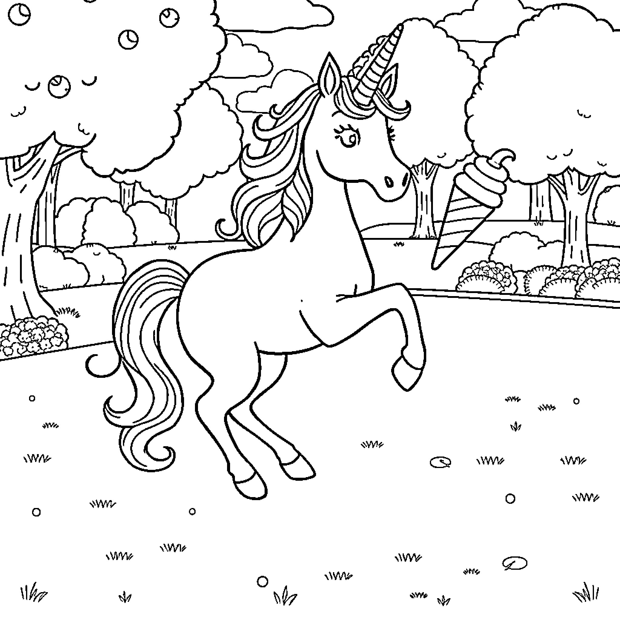 Unicorn frolicking in enchanting forest Coloring Page (free black-and-white line drawing printable PDF for all, from beginners to advanced learners, including children, teens, adults, and seniors)