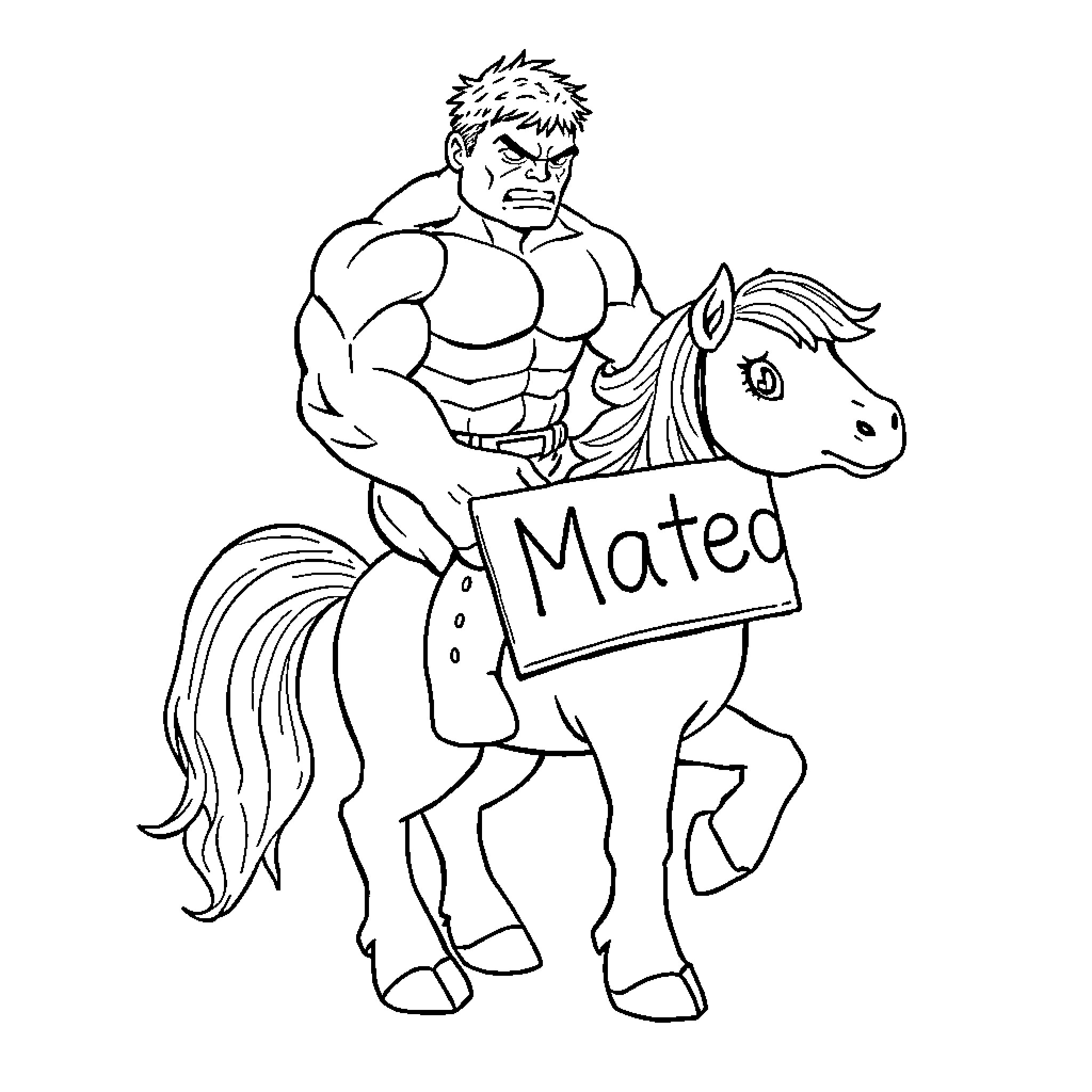 Hulk Riding a Mated Horse with Sign Coloring Page (free black-and-white line drawing printable PDF for all, from beginners to advanced learners, including children, teens, adults, and seniors)