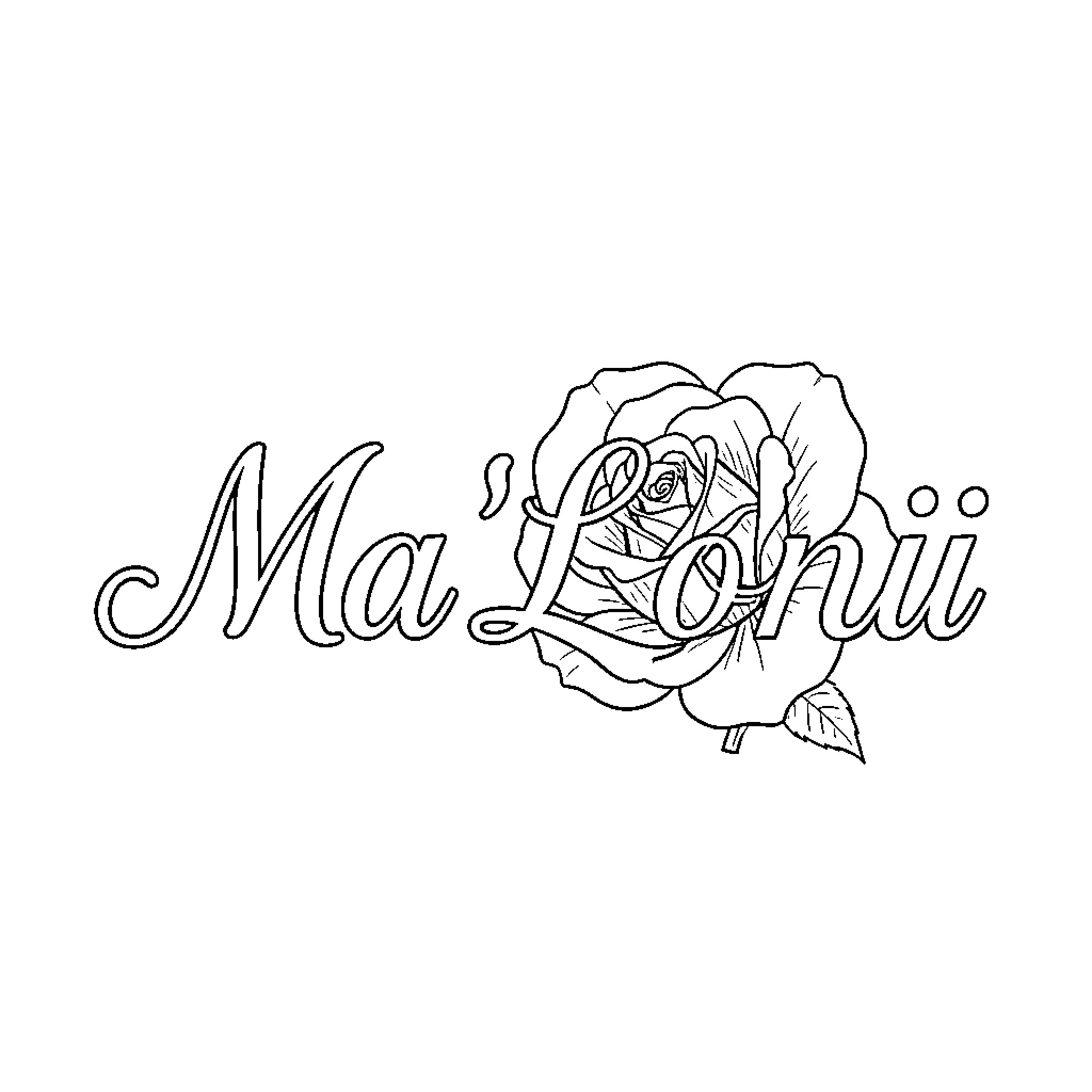 Ma'Lonii elegant cursive text entwined with a rose Coloring Page (free black-and-white line drawing printable PDF for all, from beginners to advanced learners, including children, teens, adults, and seniors)