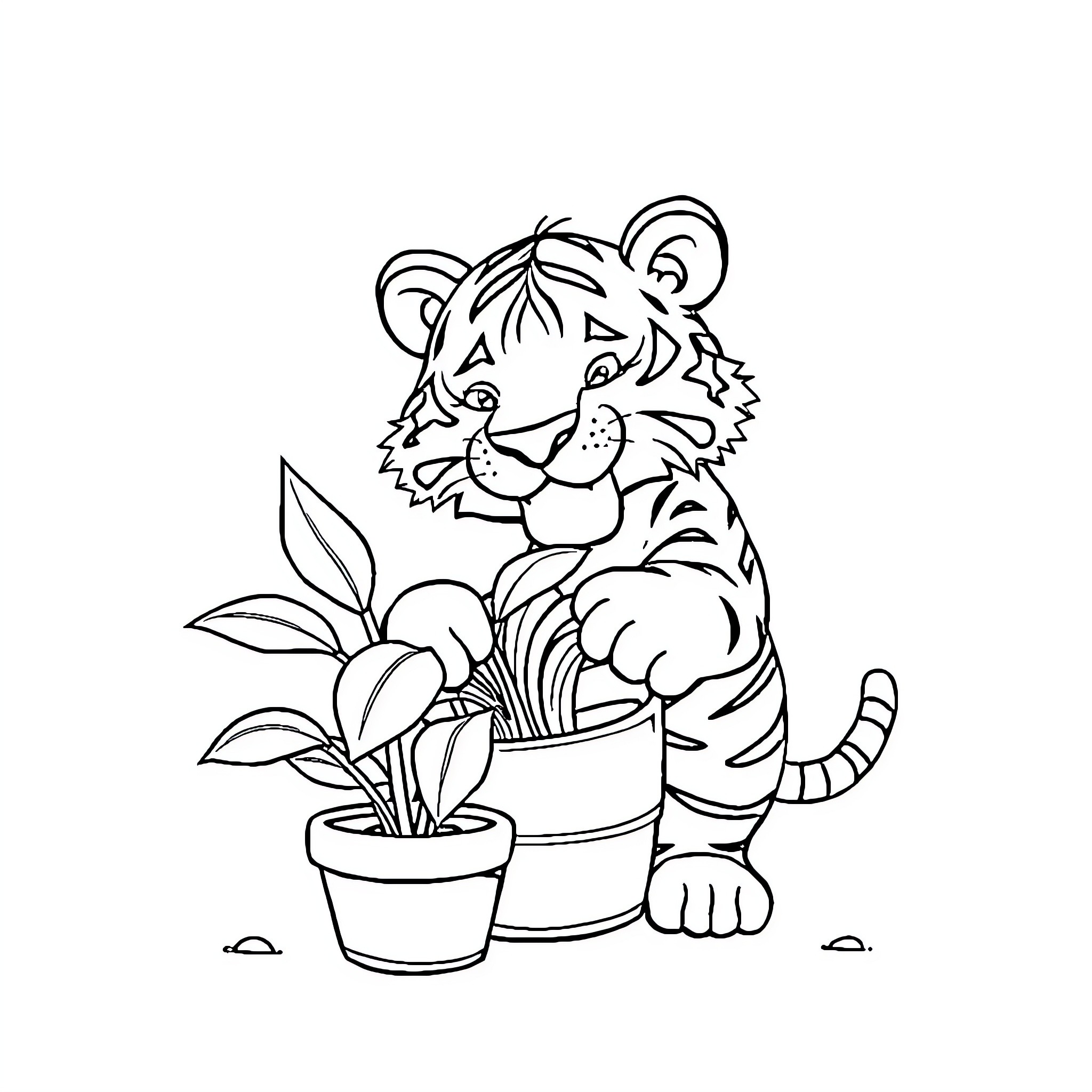 Tiger resting near potted plants Coloring Page (free black-and-white line drawing printable PDF for all, from beginners to advanced learners, including children, teens, adults, and seniors)