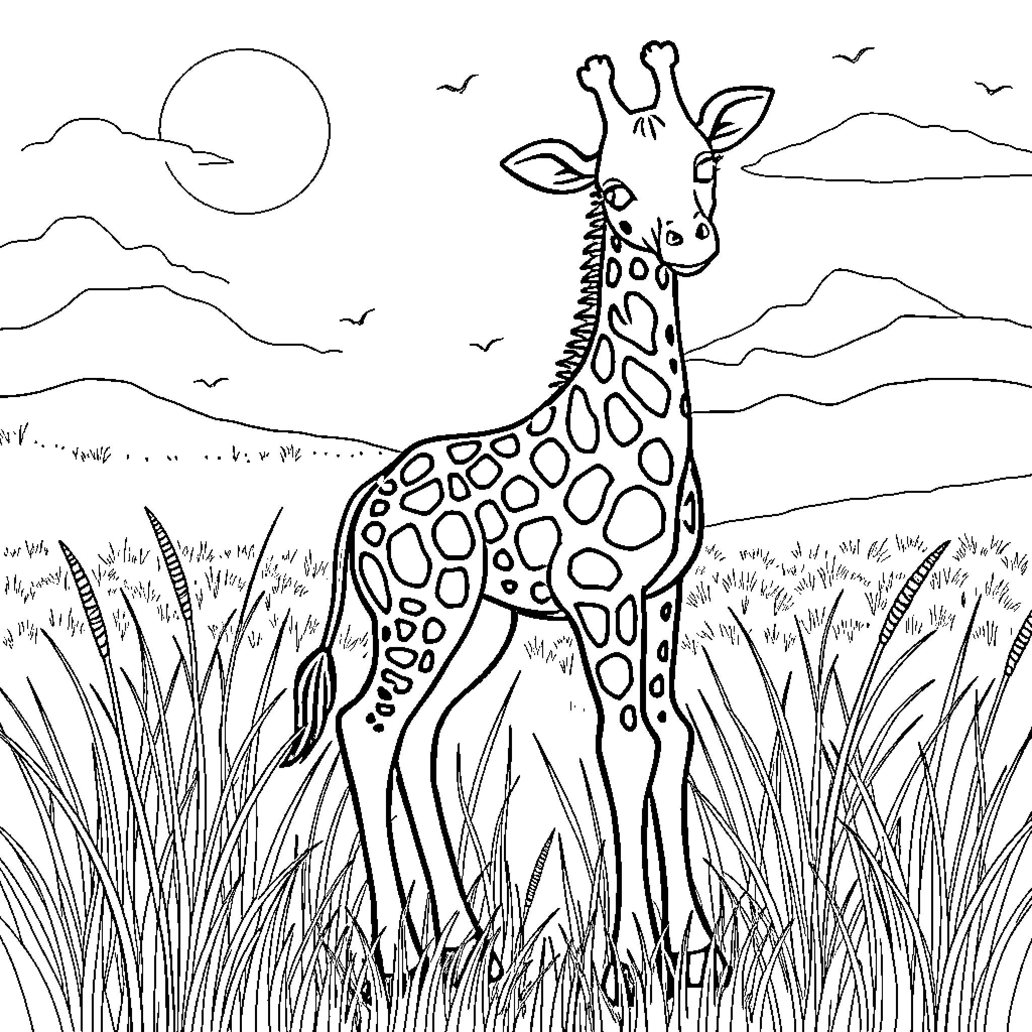 Baby Giraffe in a Serene Landscape Coloring Page (free black-and-white line drawing printable PDF for all, from beginners to advanced learners, including children, teens, adults, and seniors)