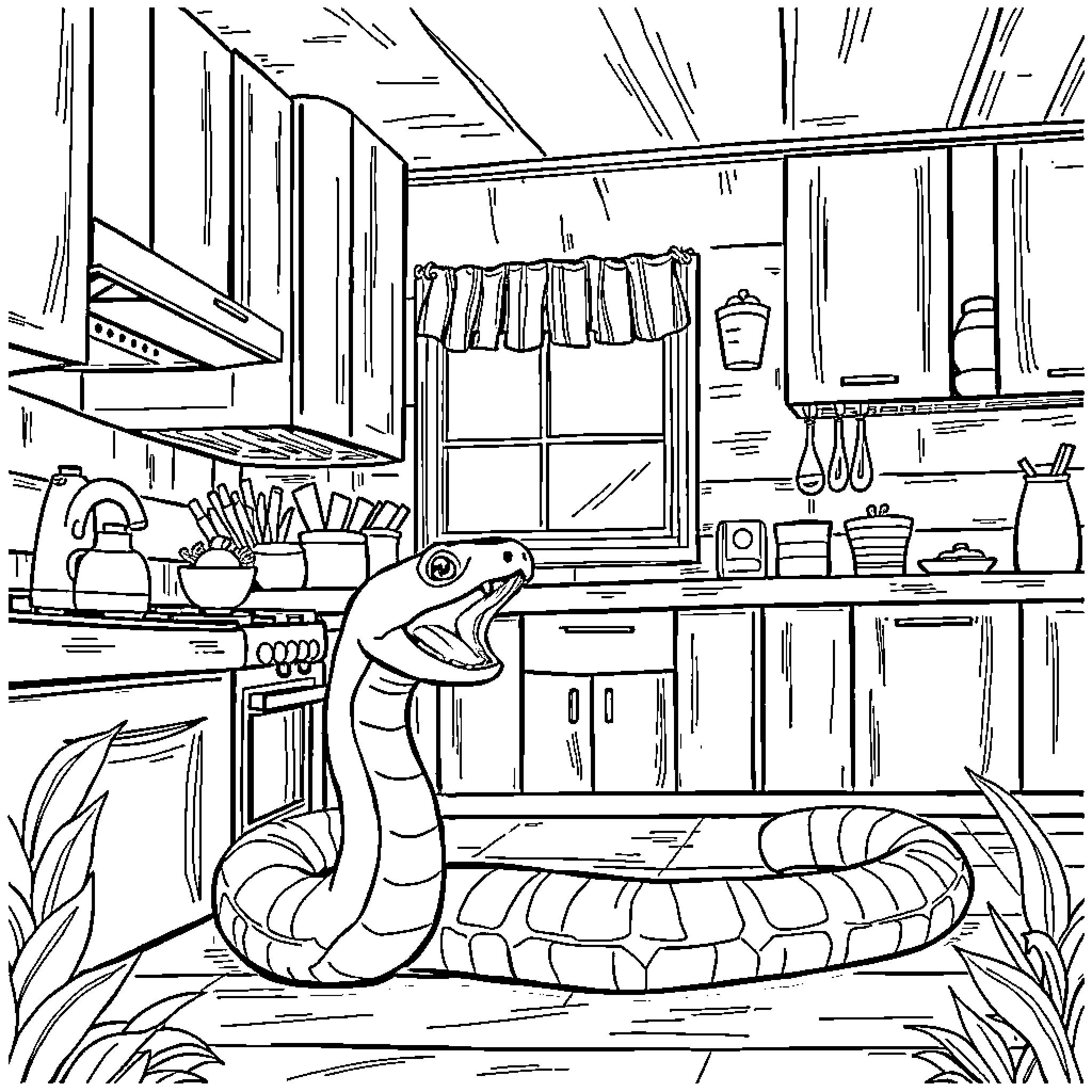 Snail exploring the kitchen Coloring Page (free black-and-white line drawing printable PDF for all, from beginners to advanced learners, including children, teens, adults, and seniors)