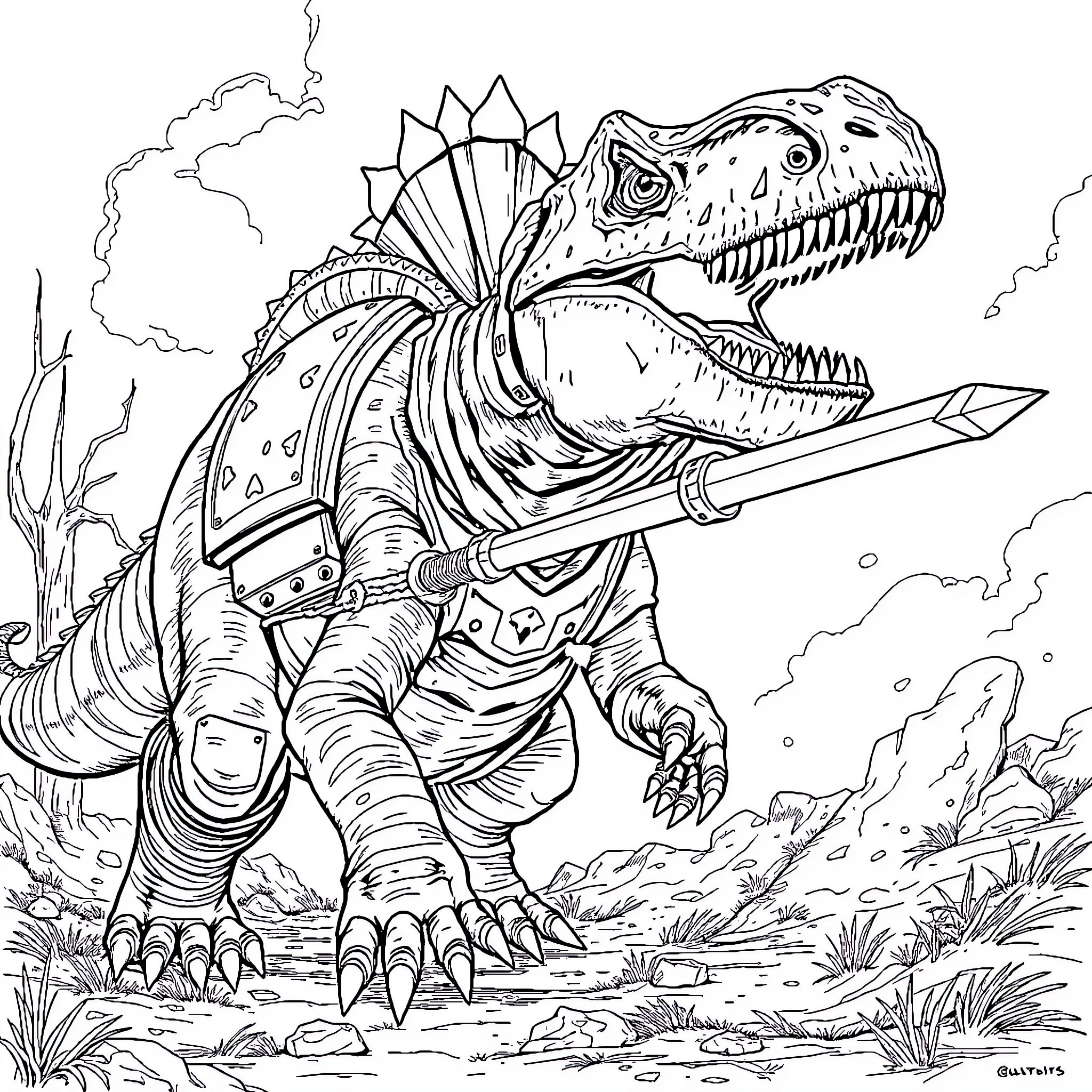 Tyrannosaurus Dinosaur Astronaut in Futuristic Landscape Coloring Page (free black-and-white line drawing printable PDF for all, from beginners to advanced learners, including children, teens, adults, and seniors)