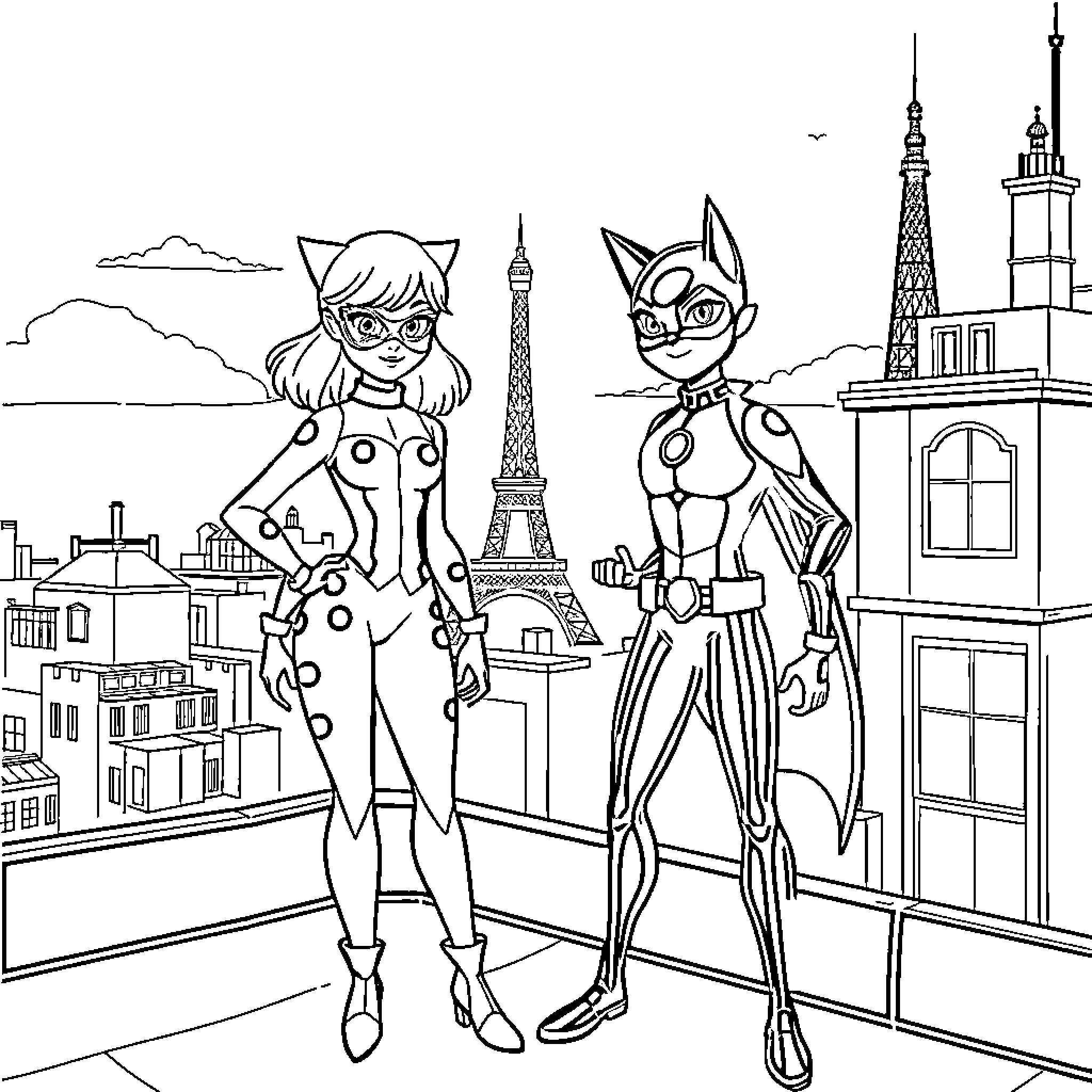 Ladybug and cat-like superheroes in Paris Coloring Page (free black-and-white line drawing printable PDF for all, from beginners to advanced learners, including children, teens, adults, and seniors)