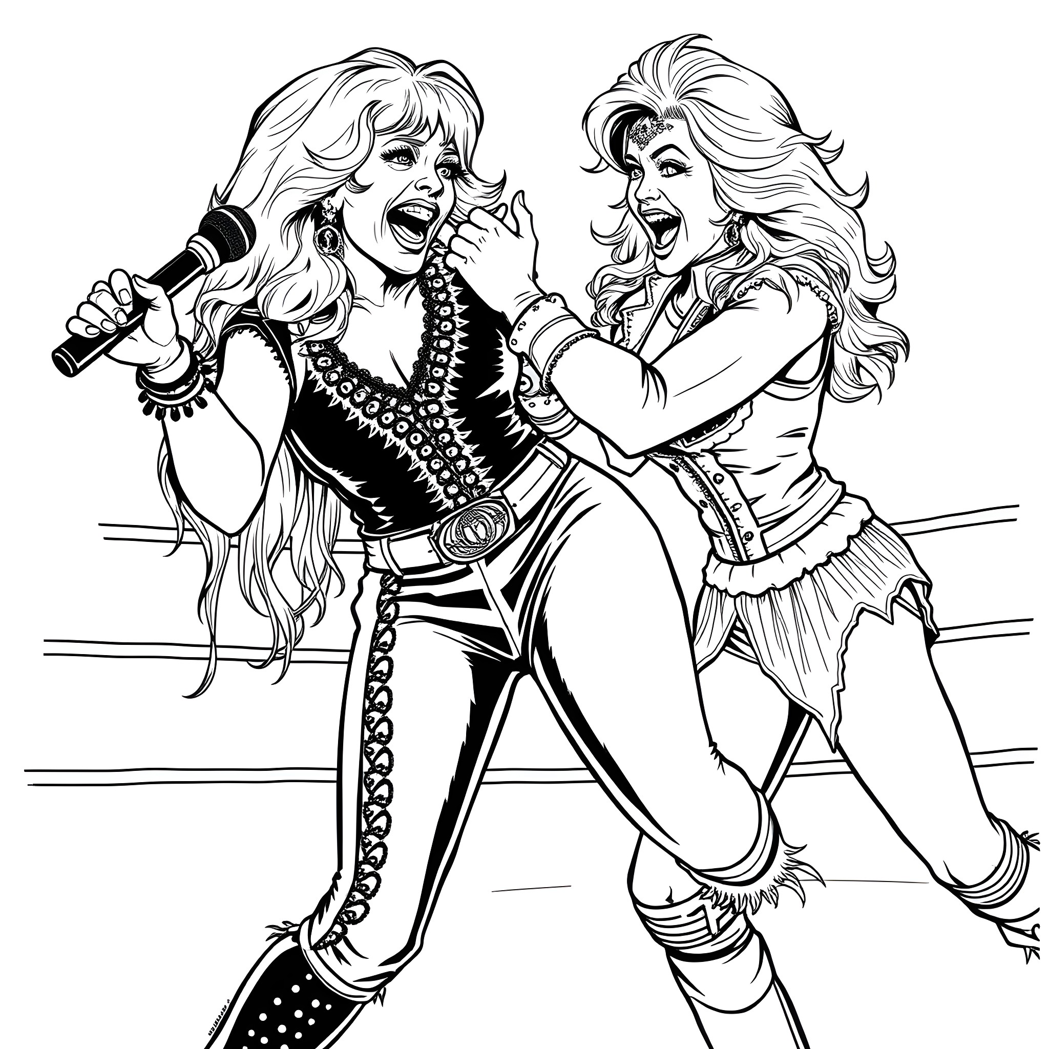 Reba's Electrifying Performance on Stage Coloring Page (free black-and-white line drawing printable PDF for all, from beginners to advanced learners, including children, teens, adults, and seniors)