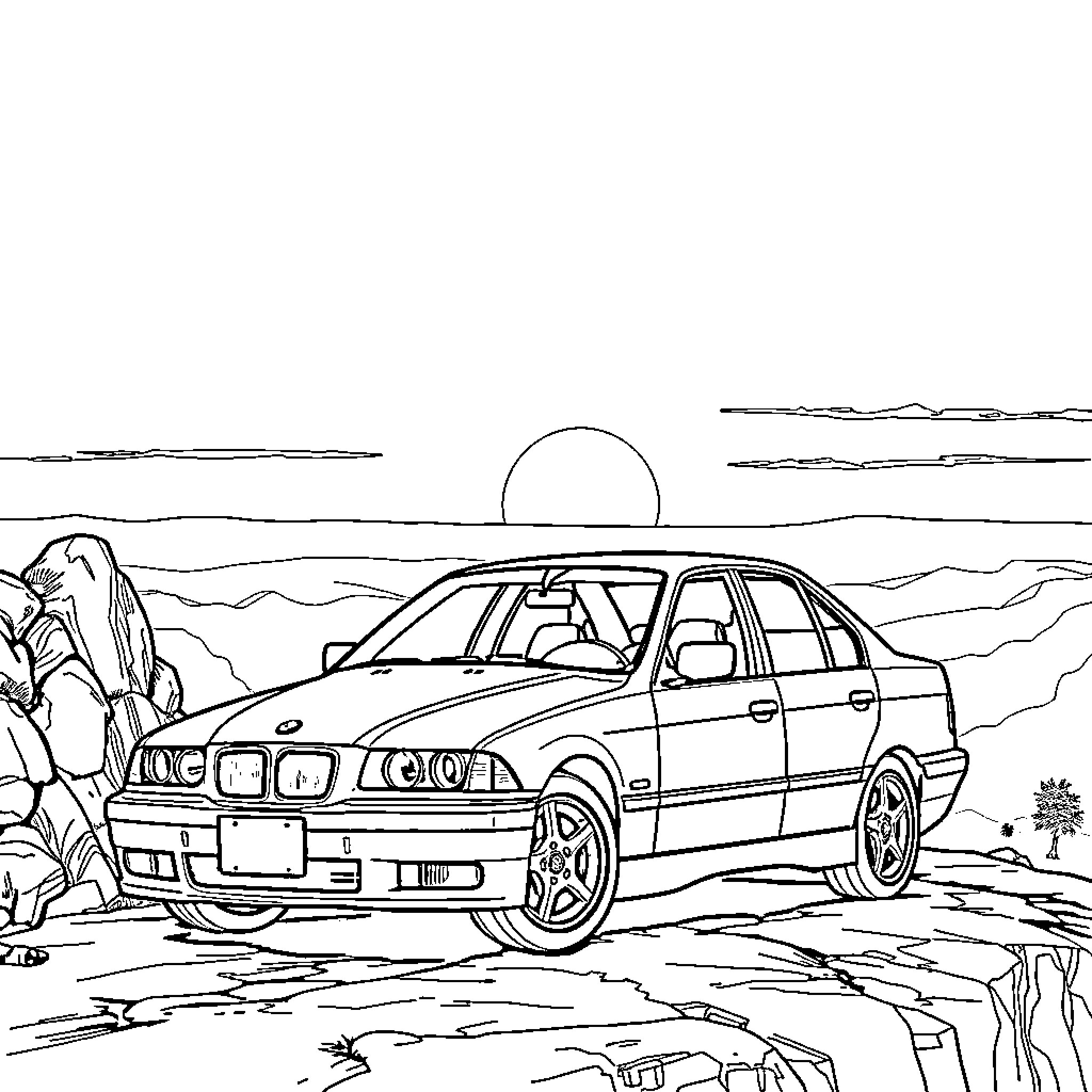 BMW Sedan in Desert Landscape Coloring Page (free black-and-white line drawing printable PDF for all, from beginners to advanced learners, including children, teens, adults, and seniors)