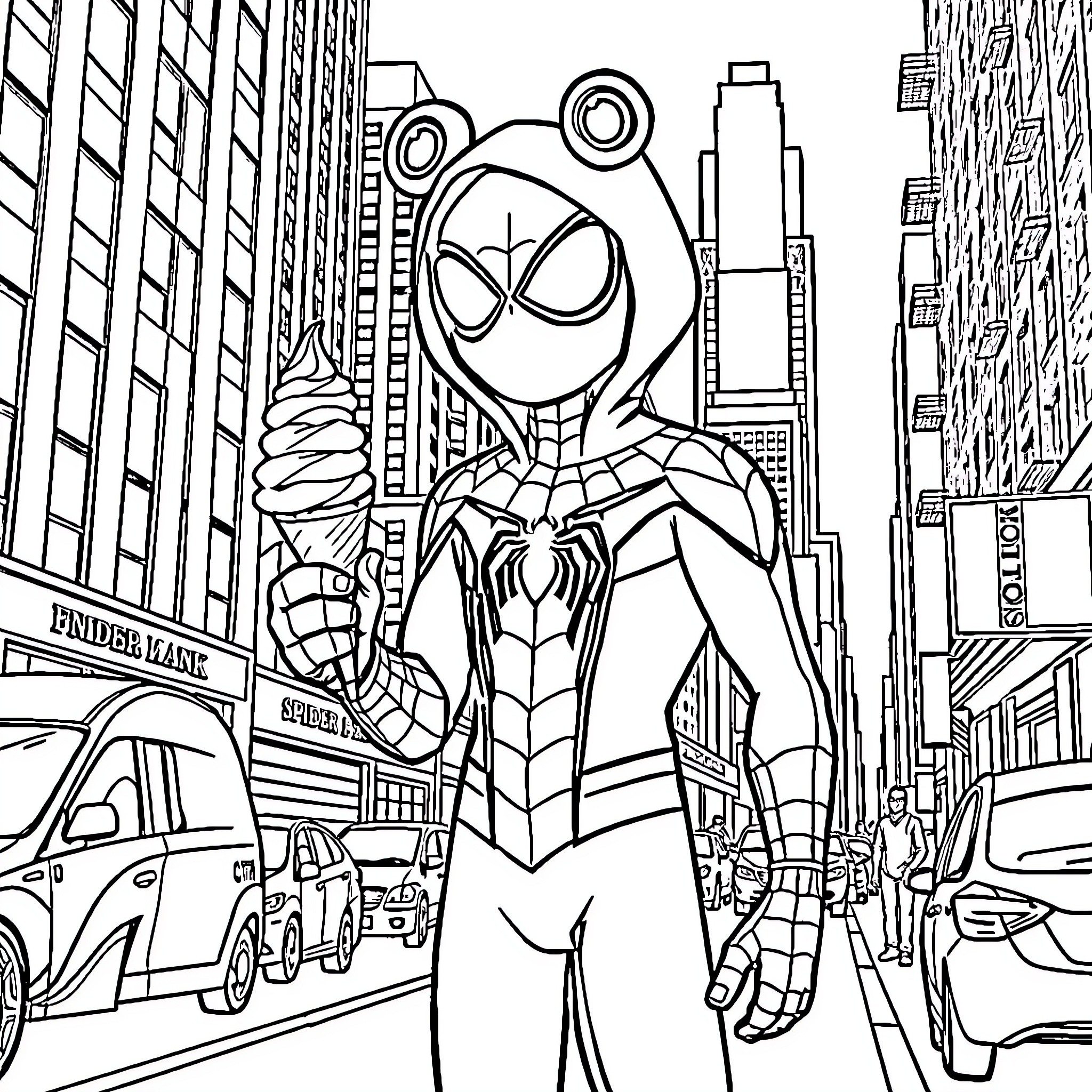 Spiderman swinging through the bustling city streets Coloring Page (free black-and-white line drawing printable PDF for all, from beginners to advanced learners, including children, teens, adults, and seniors)