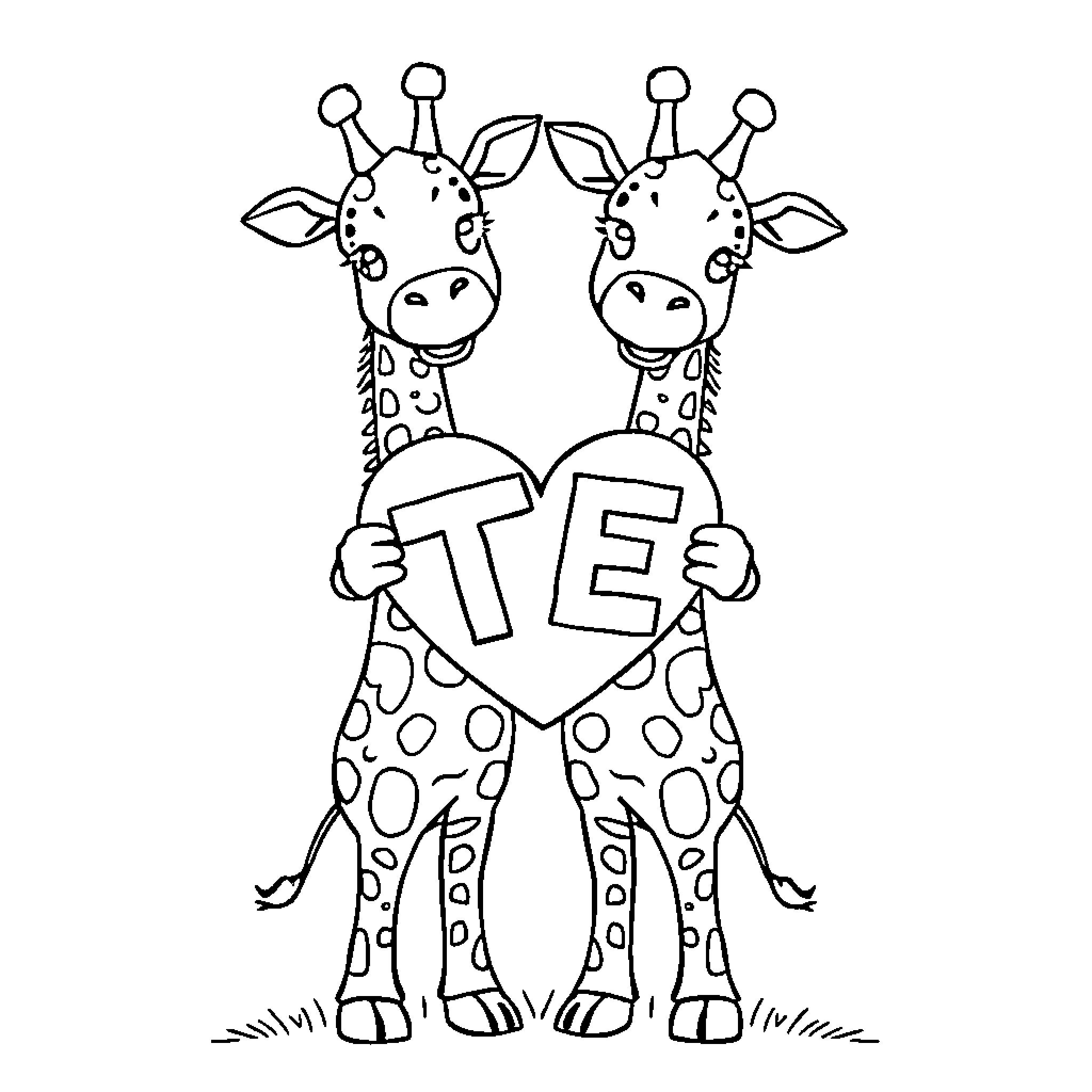 Giraffe couple holding heart-shaped 'TE' sign Coloring Page (free black-and-white line drawing printable PDF for all, from beginners to advanced learners, including children, teens, adults, and seniors)