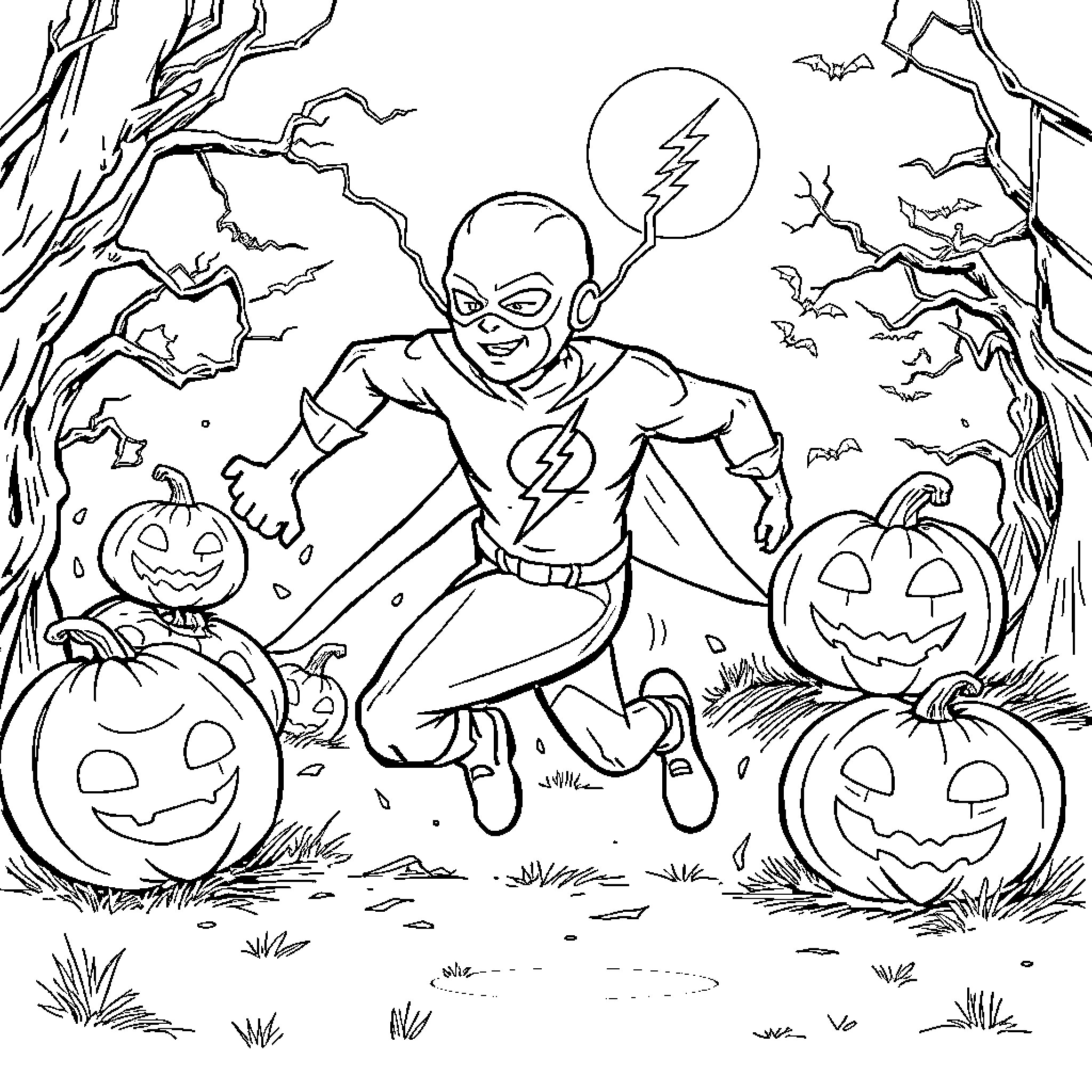 Flash Heroic Character Surrounded by Halloween Decors Coloring Page (free black-and-white line drawing printable PDF for all, from beginners to advanced learners, including children, teens, adults, and seniors)
