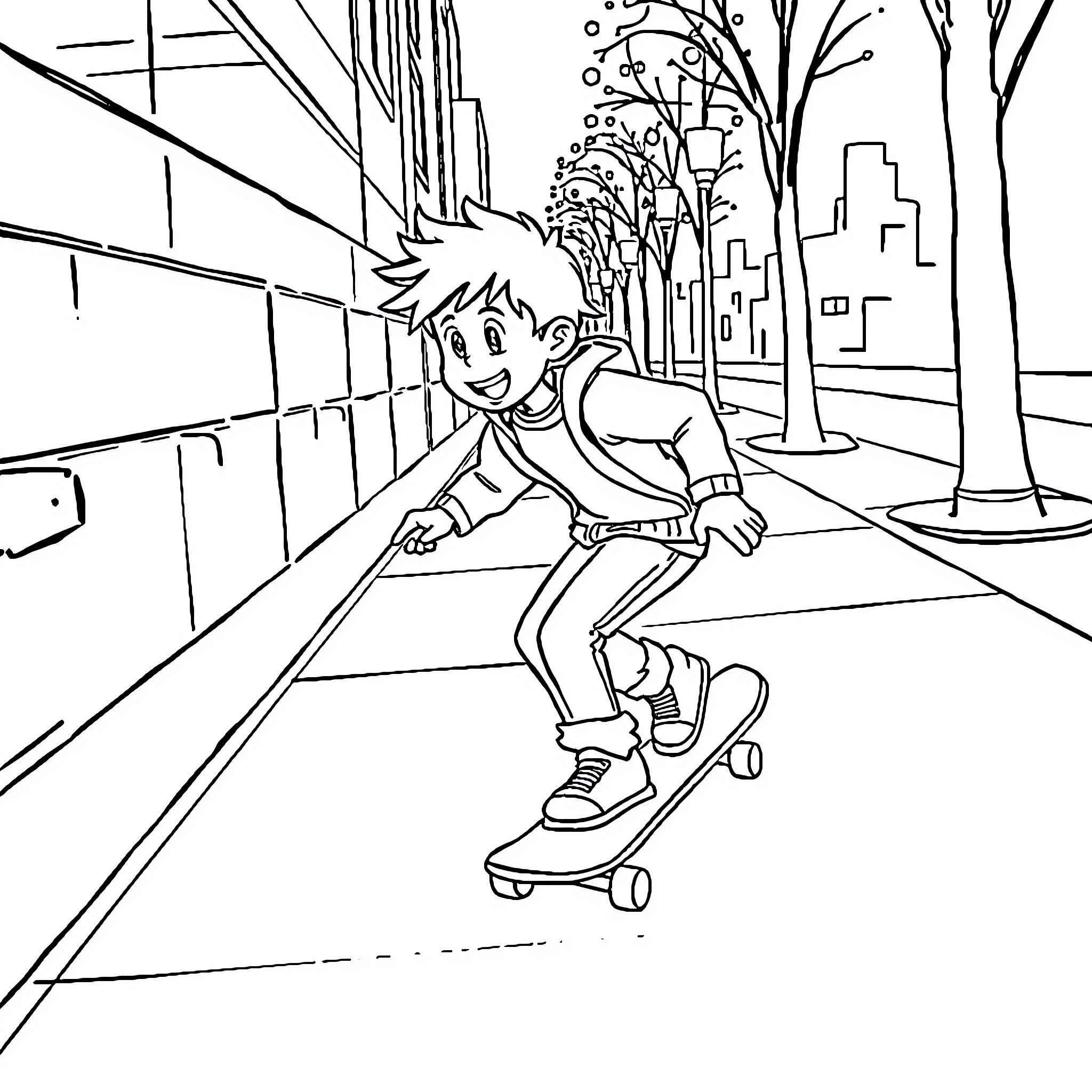 Timo skateboarding through the city streets Coloring Page (free black-and-white line drawing printable PDF for all, from beginners to advanced learners, including children, teens, adults, and seniors)