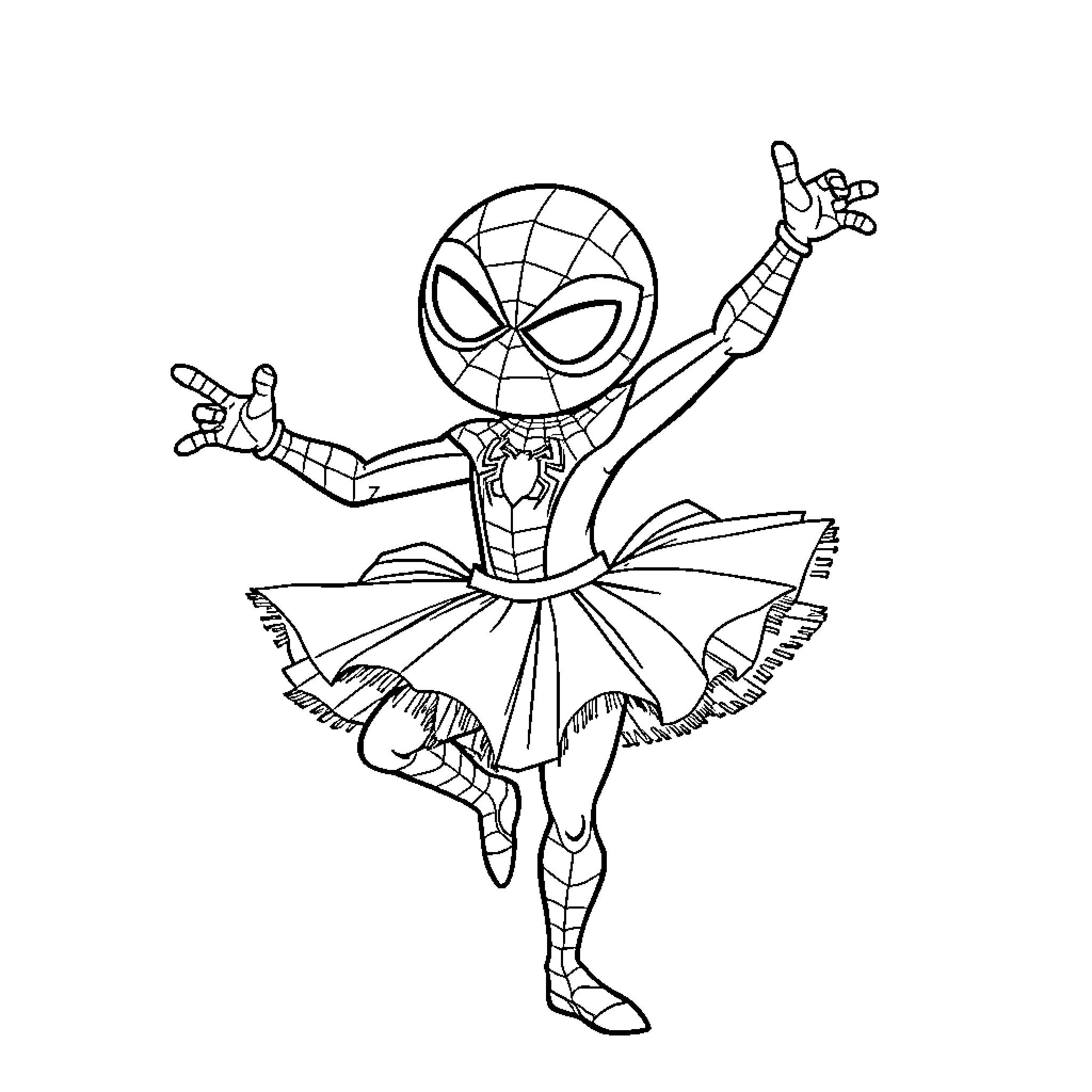 Spiderman dancing in ballet costume Coloring Page (free black-and-white line drawing printable PDF for all, from beginners to advanced learners, including children, teens, adults, and seniors)
