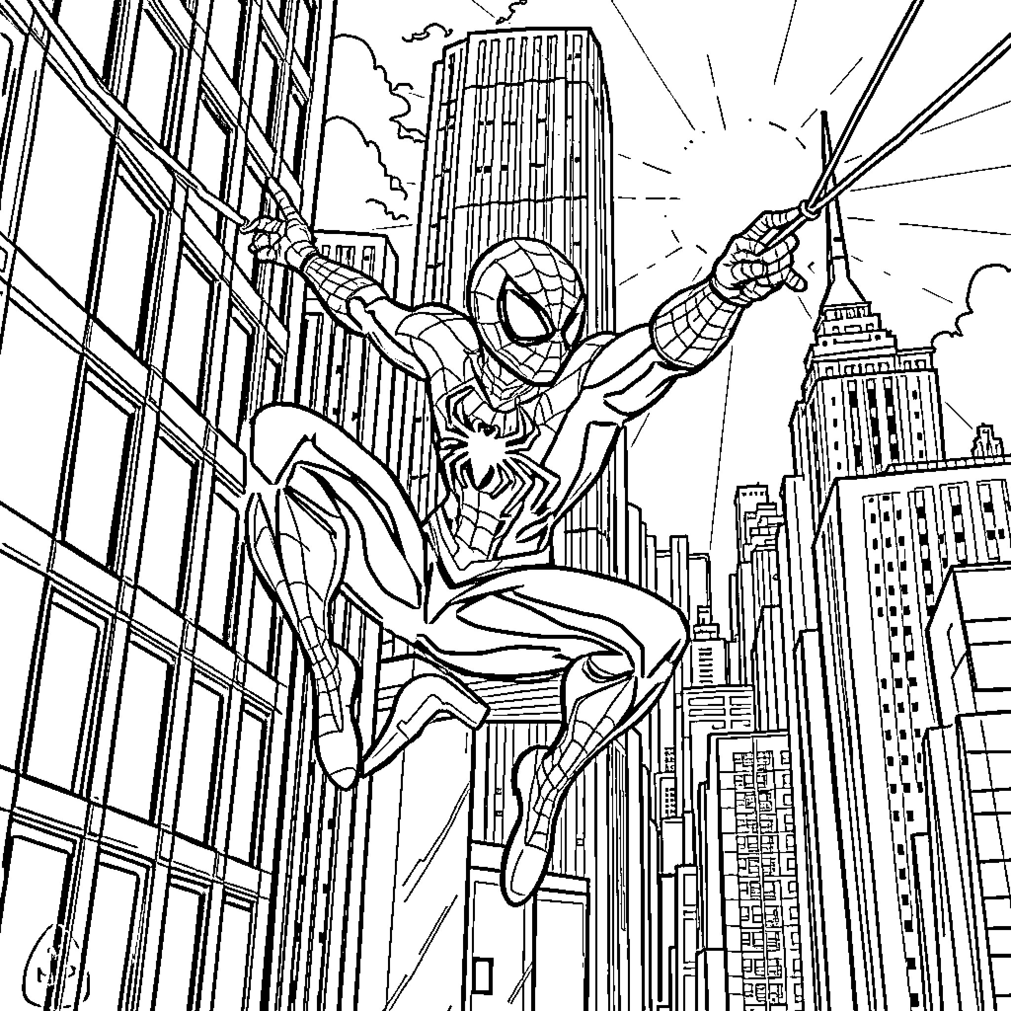 Spiderman swinging heroically through the city skyline Coloring Page (free black-and-white line drawing printable PDF for all, from beginners to advanced learners, including children, teens, adults, and seniors)