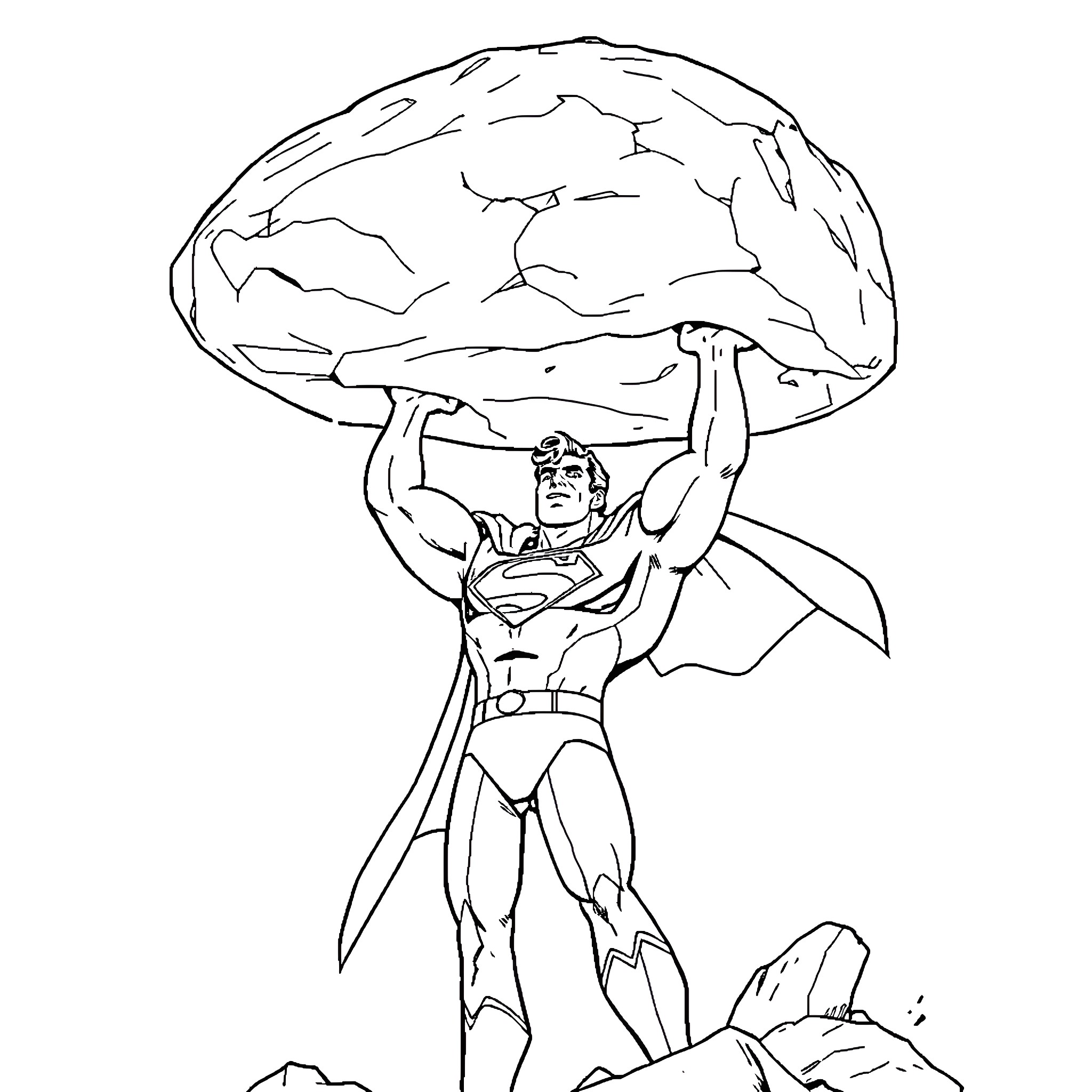 Superman lifting a large mushroom over his head Coloring Page (free black-and-white line drawing printable PDF for all, from beginners to advanced learners, including children, teens, adults, and seniors)