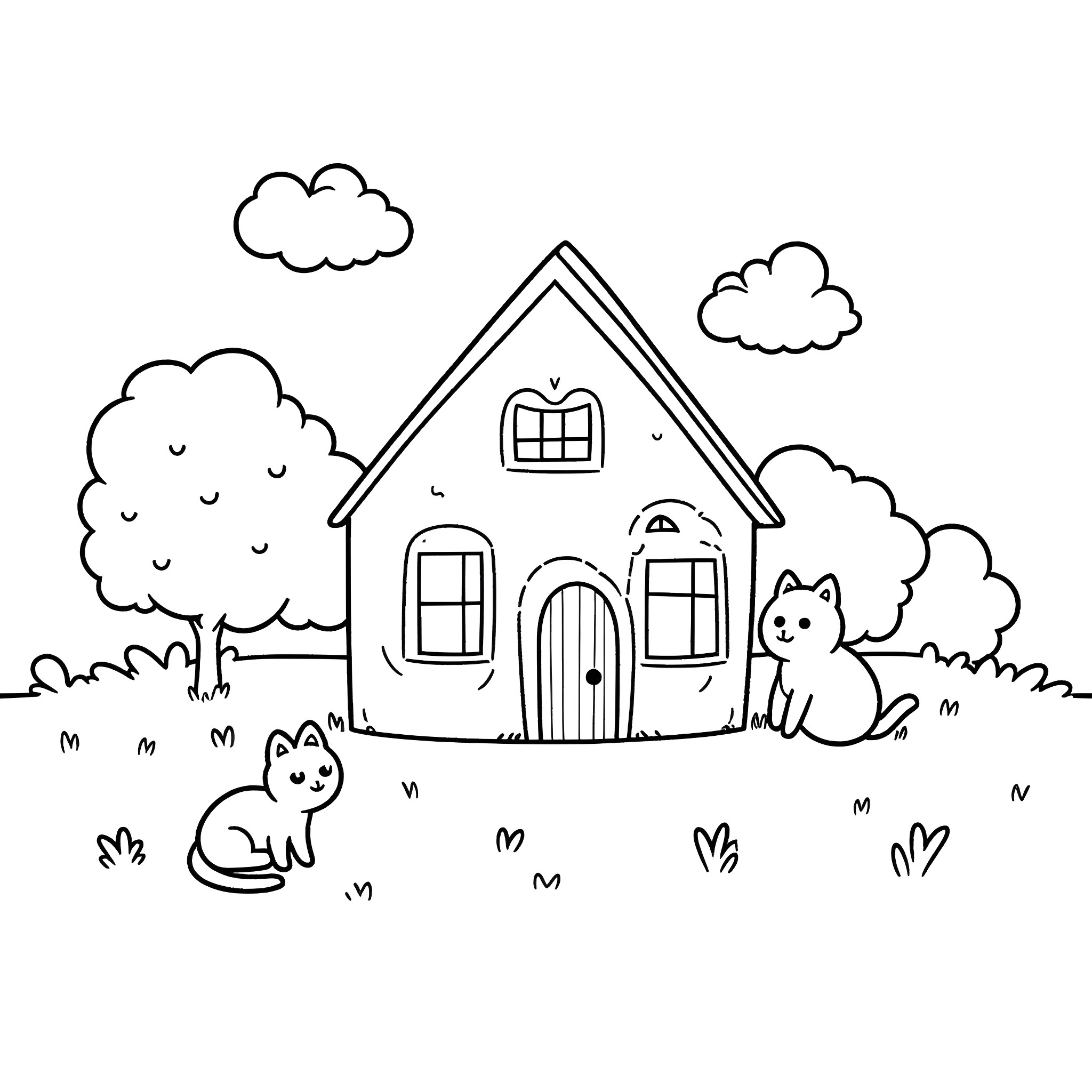 Cat and kittens playing near a cozy house Coloring Page (free black-and-white line drawing printable PDF for all, from beginners to advanced learners, including children, teens, adults, and seniors)
