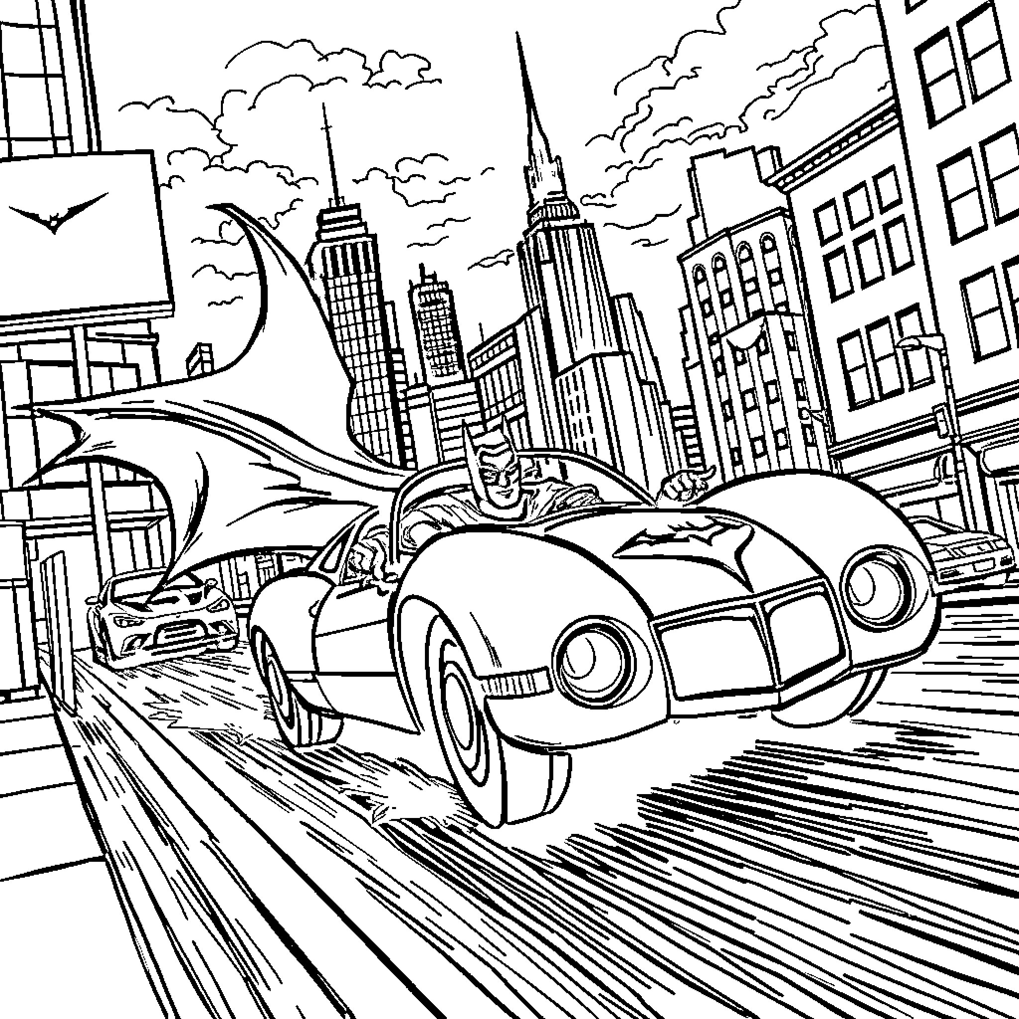 Batmobile speeding through the city streets Coloring Page (free black-and-white line drawing printable PDF for all, from beginners to advanced learners, including children, teens, adults, and seniors)