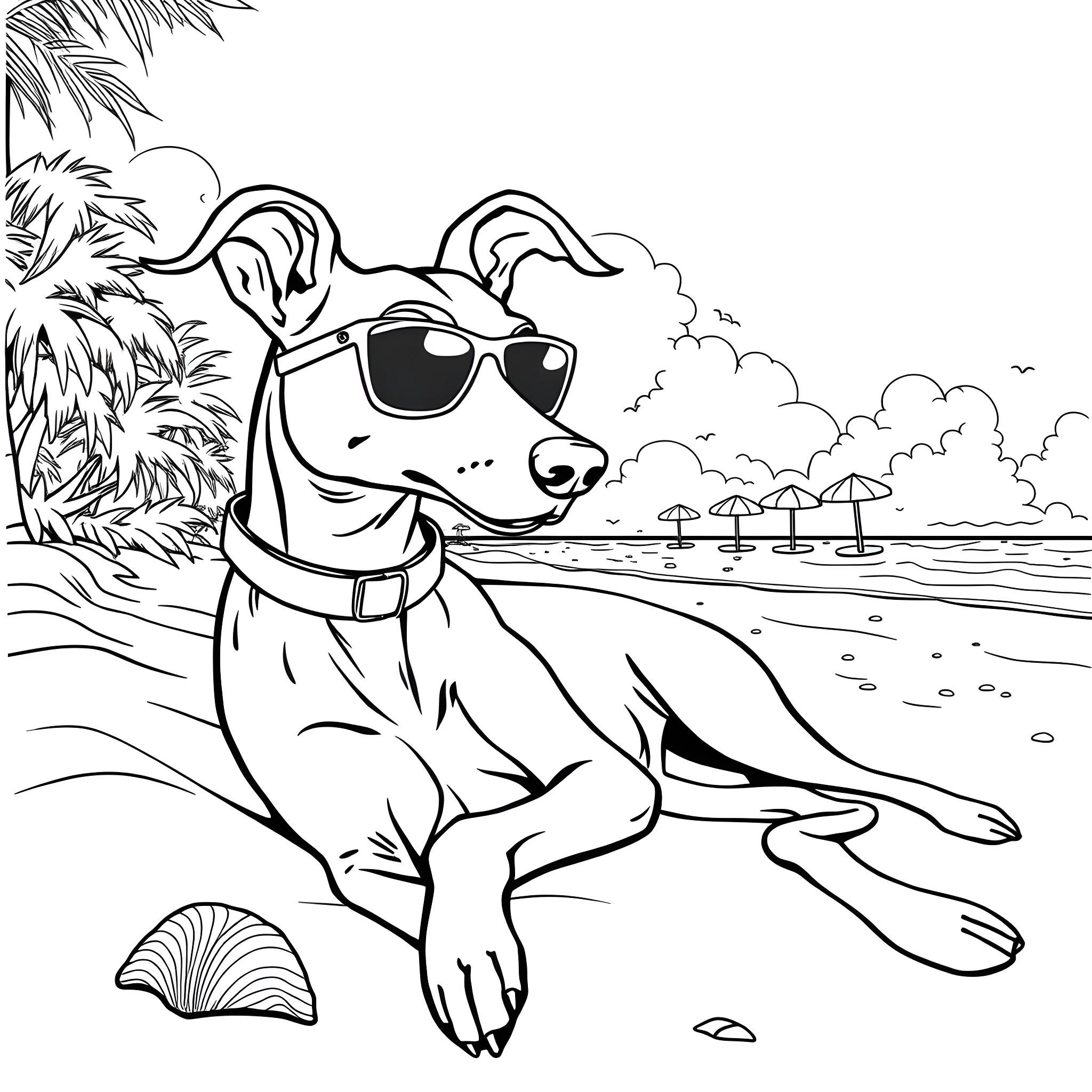 Greyhound relaxing on the beach in sunglasses Coloring Page (free black-and-white line drawing printable PDF for all, from beginners to advanced learners, including children, teens, adults, and seniors)