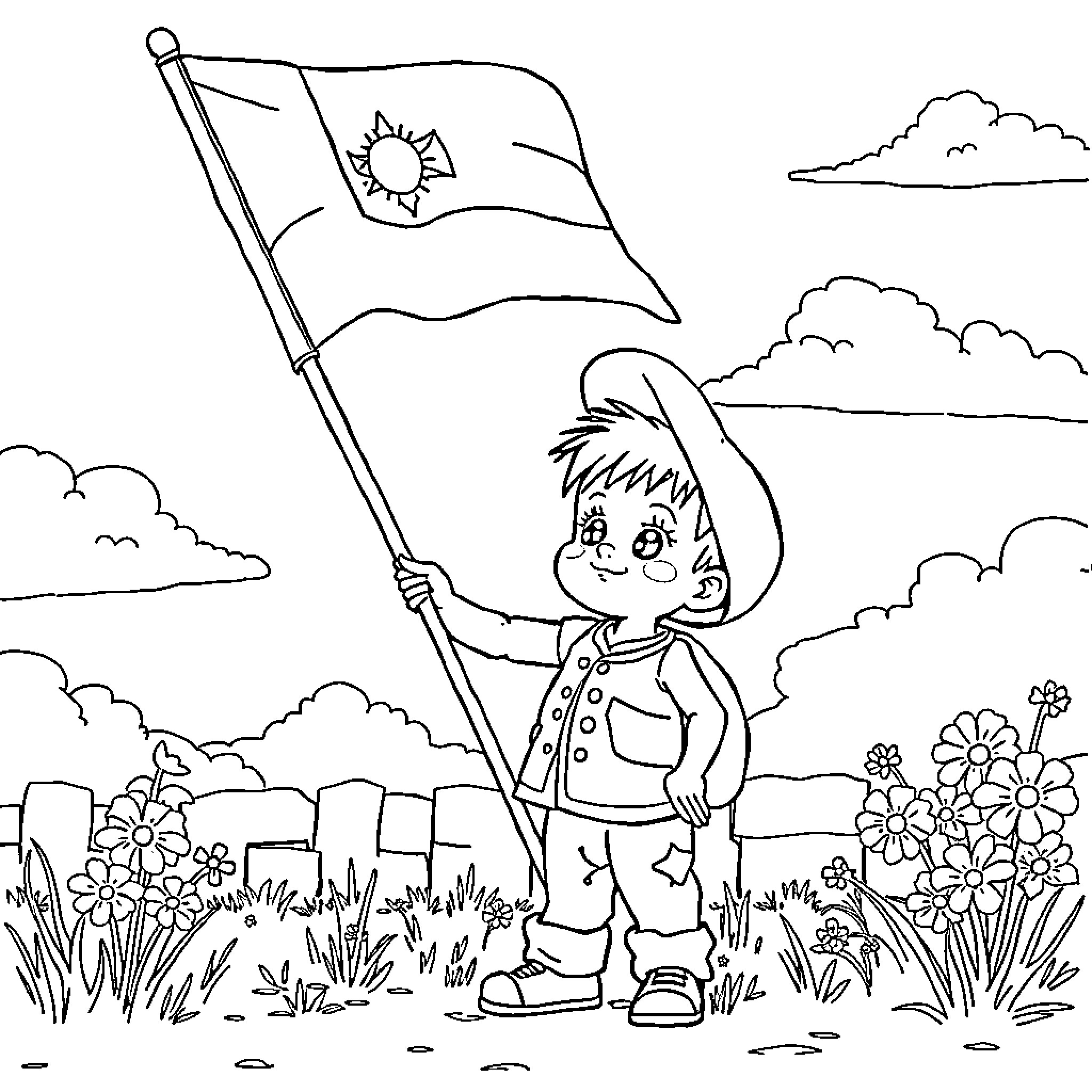 Niño holding a flag in a grassy meadow Coloring Page (free black-and-white line drawing printable PDF for all, from beginners to advanced learners, including children, teens, adults, and seniors)