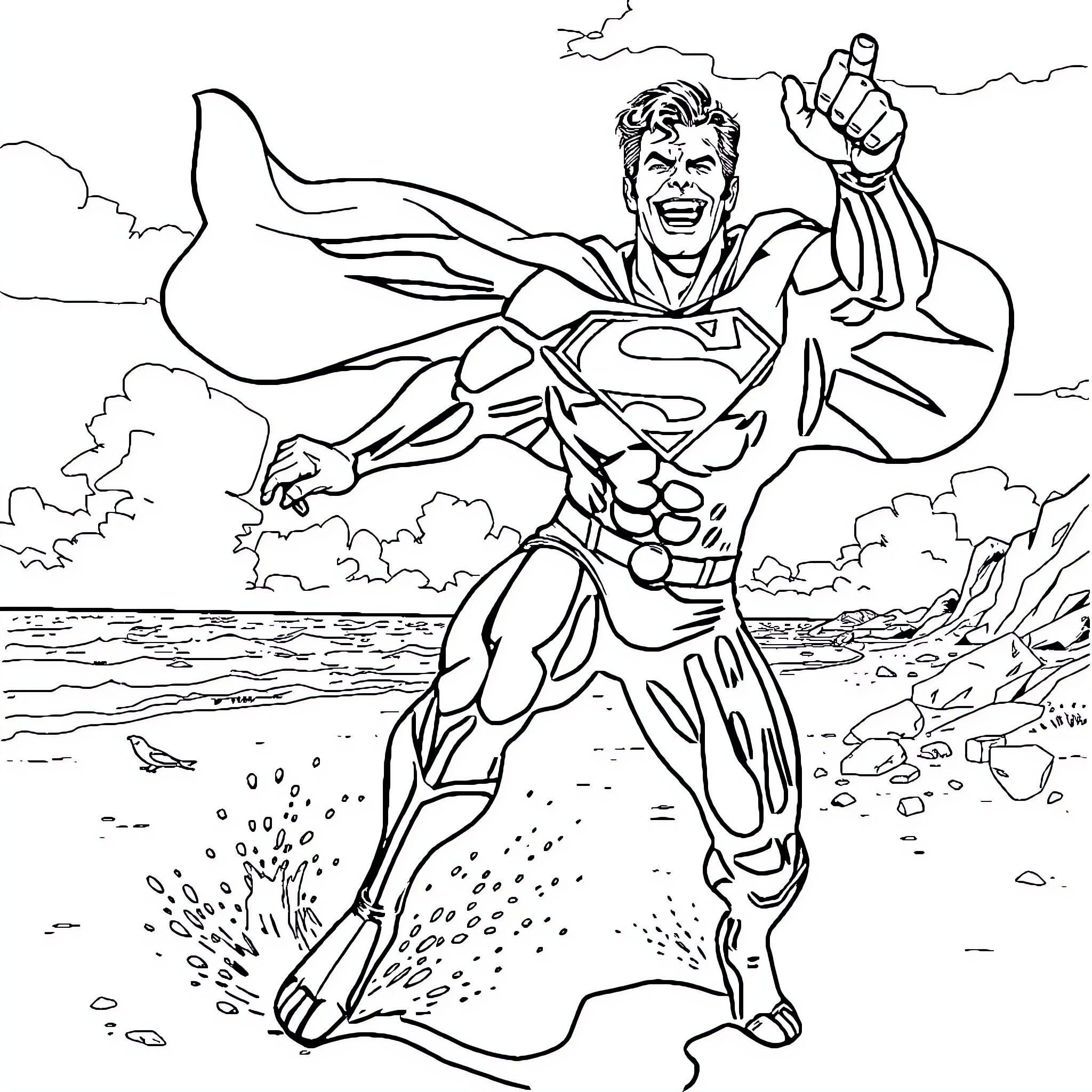 Superman's heroic pose in an action-packed scene Coloring Page (free black-and-white line drawing printable PDF for all, from beginners to advanced learners, including children, teens, adults, and seniors)