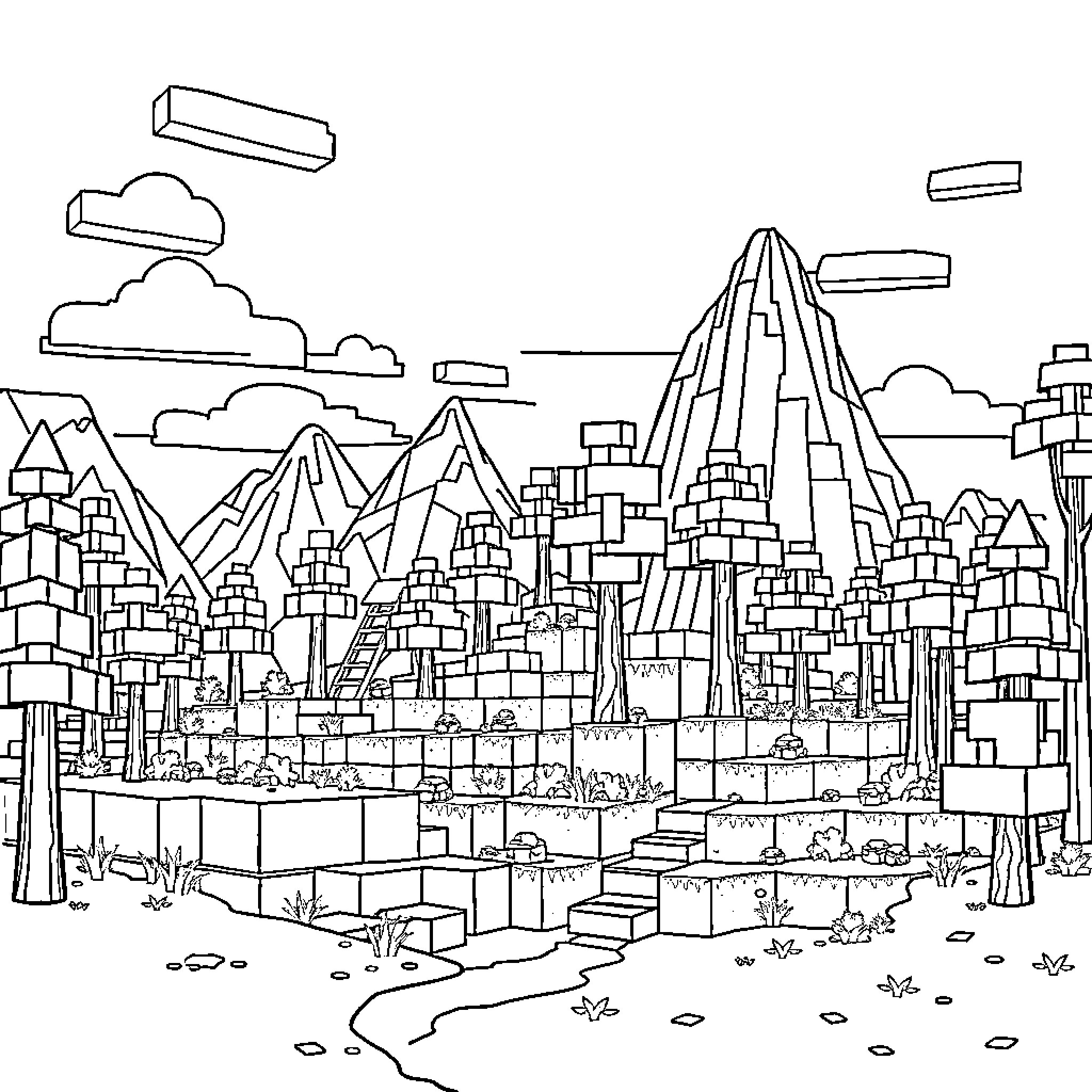 Minecraft Mountainous Landscape with Geometric Structures Coloring Page (free black-and-white line drawing printable PDF for all, from beginners to advanced learners, including children, teens, adults, and seniors)