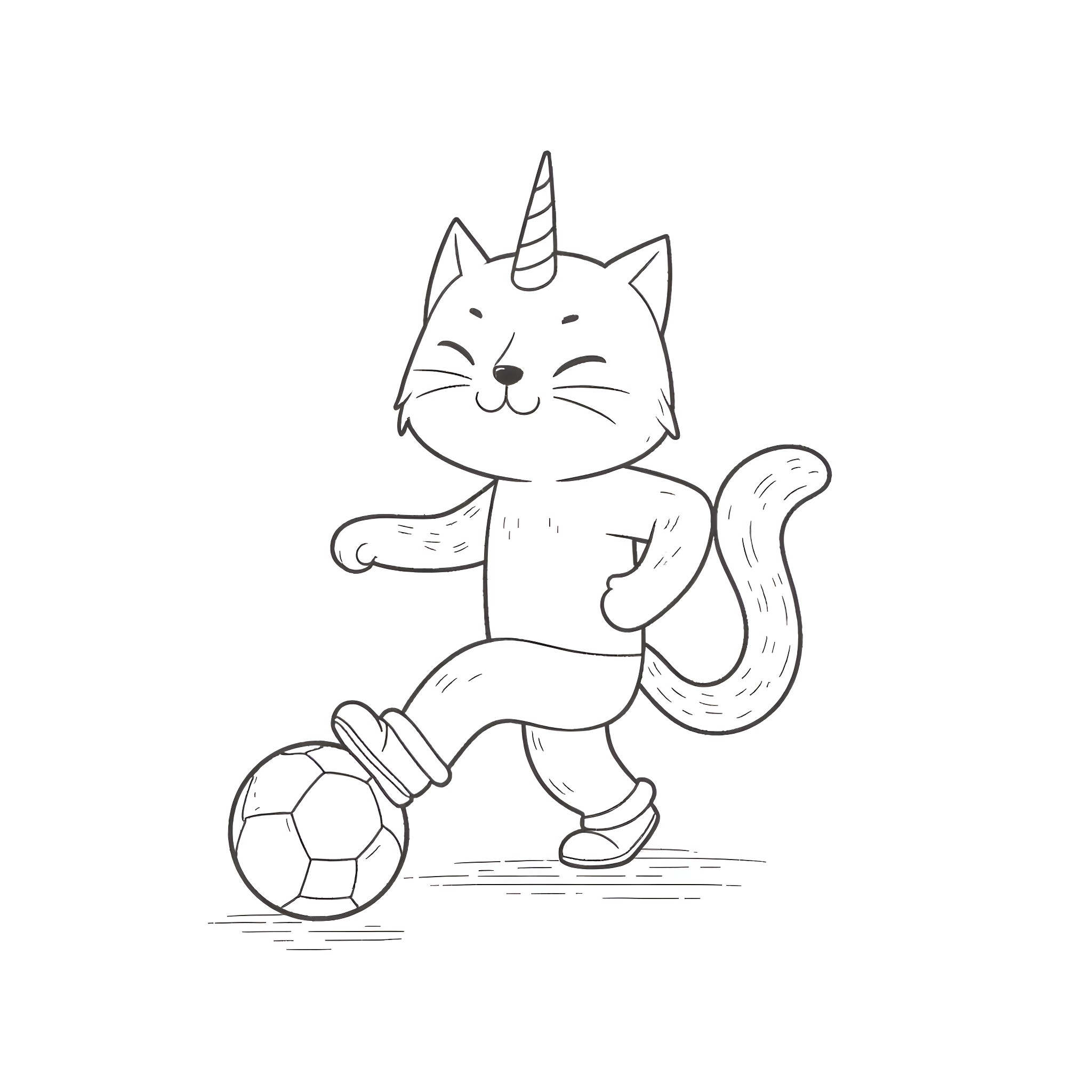 Unicorn Cat playing soccer happily Coloring Page (free black-and-white line drawing printable PDF for all, from beginners to advanced learners, including children, teens, adults, and seniors)