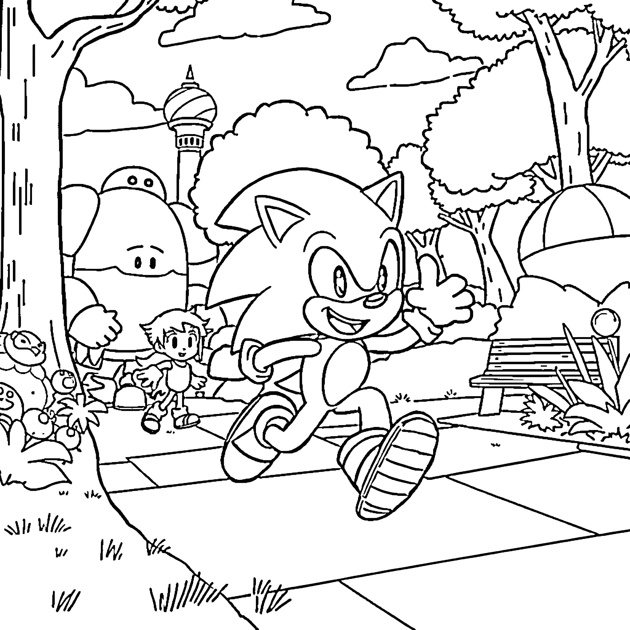 Sonic's Cheerful Adventure in the Whimsical Landscape Coloring Page (free black-and-white line drawing printable PDF for all, from beginners to advanced learners, including children, teens, adults, and seniors)