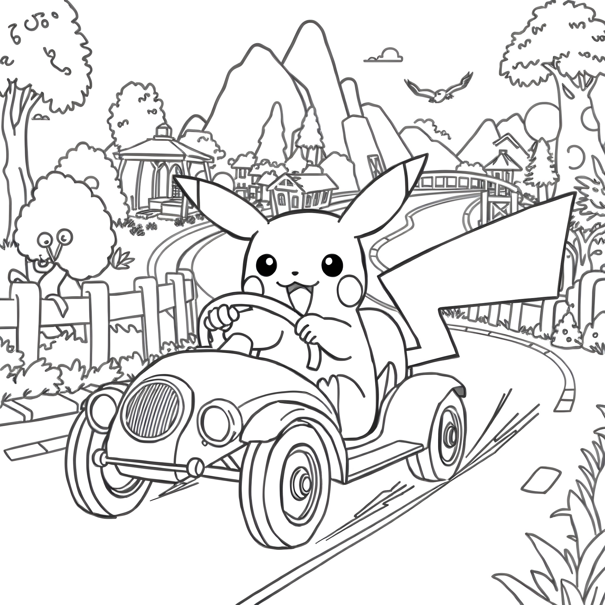 Pikachu driving a retro car in a scenic landscape Coloring Page (free black-and-white line drawing printable PDF for all, from beginners to advanced learners, including children, teens, adults, and seniors)