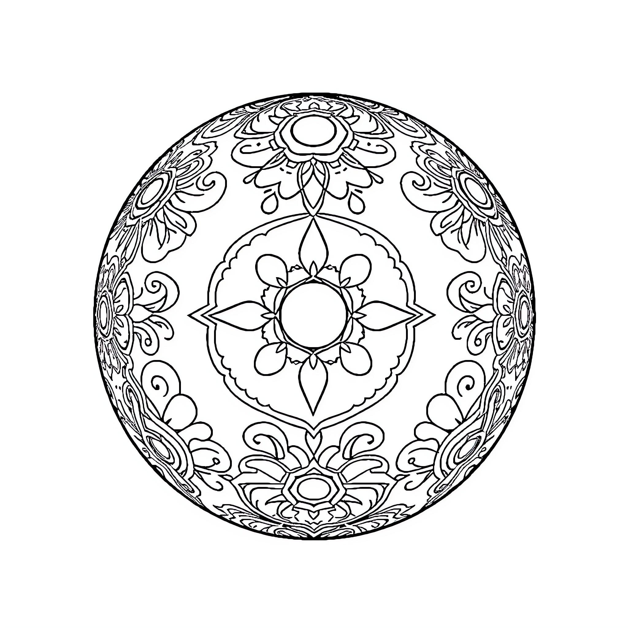 Ball of intricate floral patterns and symmetry Coloring Page (free black-and-white line drawing printable PDF for all, from beginners to advanced learners, including children, teens, adults, and seniors)