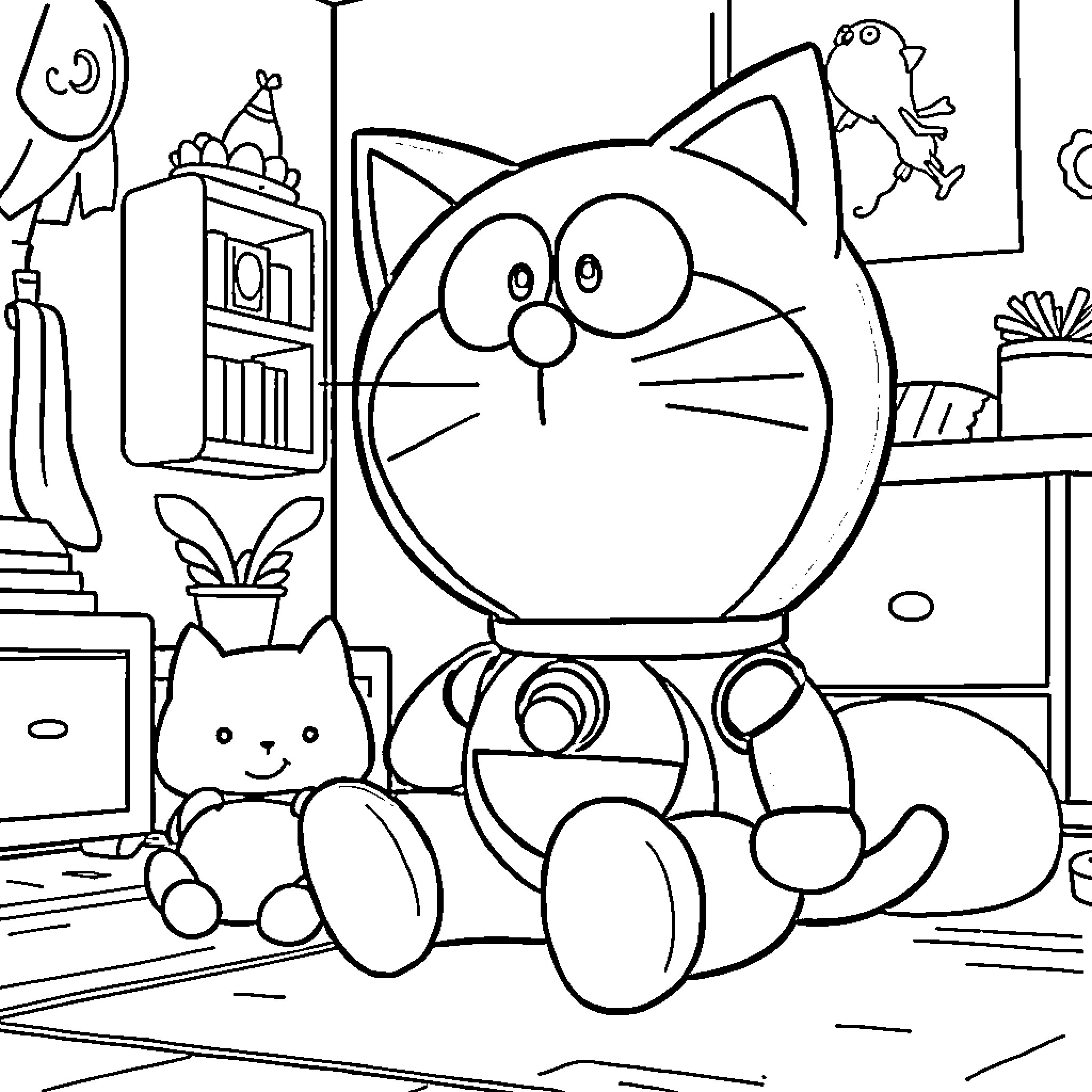 Doremon and friends in cozy home setting Coloring Page (free black-and-white line drawing printable PDF for all, from beginners to advanced learners, including children, teens, adults, and seniors)