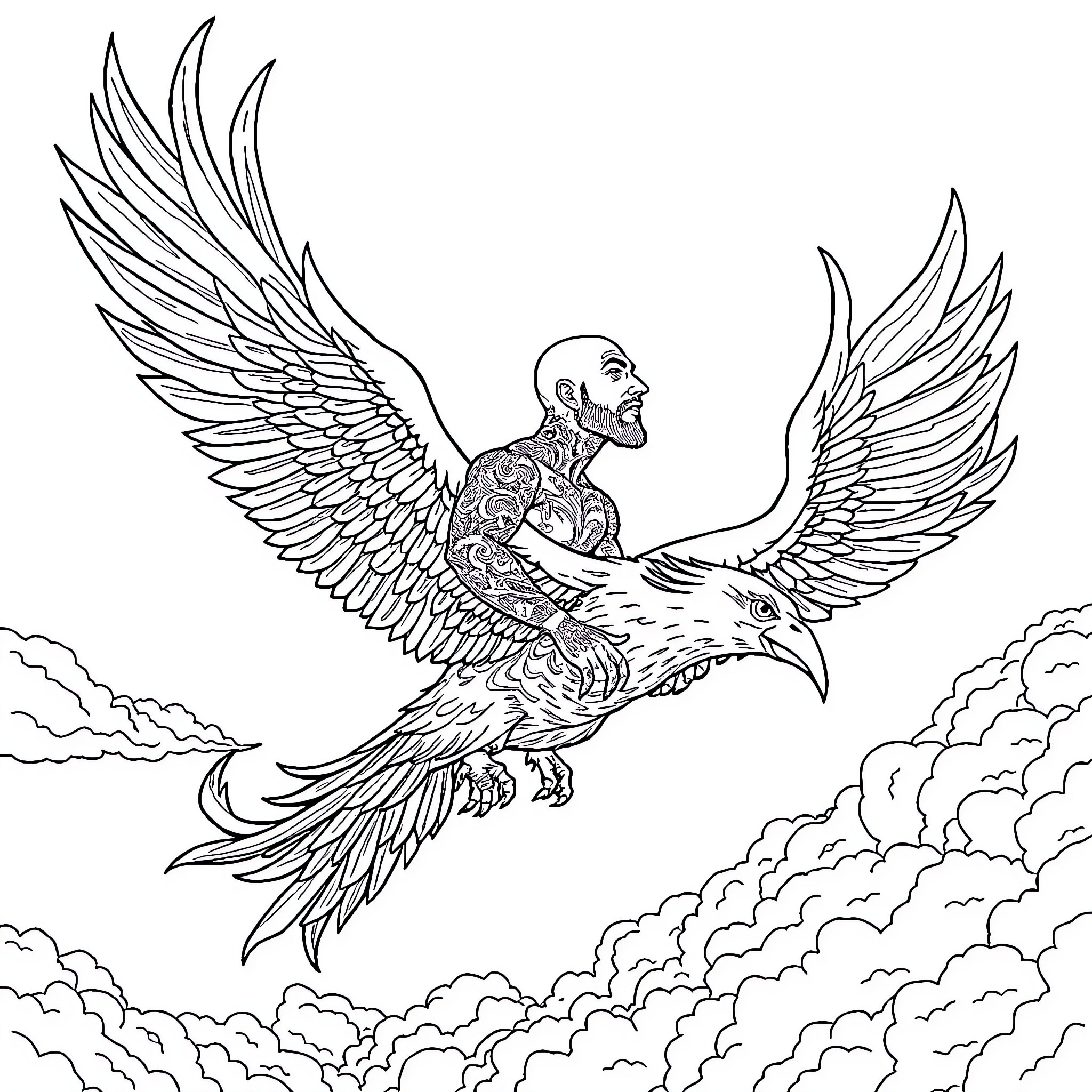 Bald Man riding on a majestic phoenix in the clouds Coloring Page (free black-and-white line drawing printable PDF for all, from beginners to advanced learners, including children, teens, adults, and seniors)