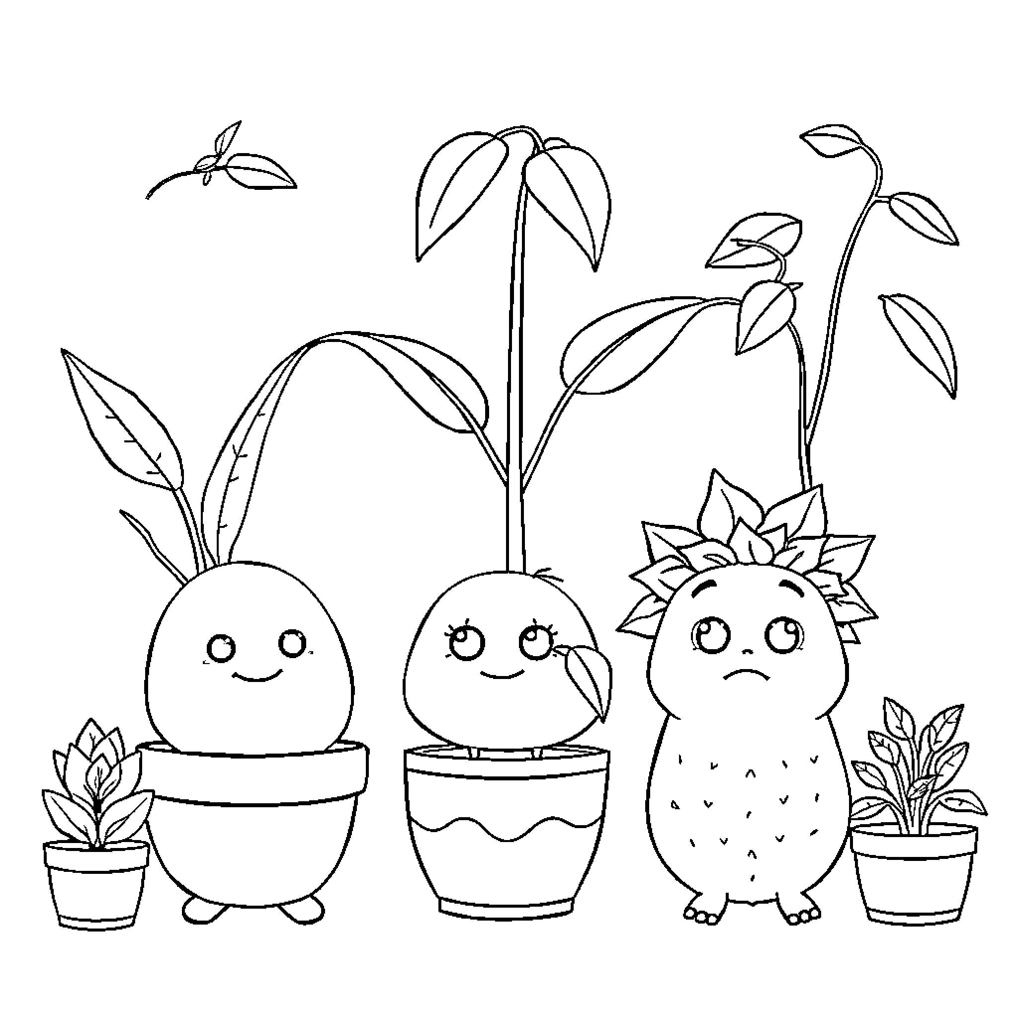 Houseplant Characters in Pots with Expressions Coloring Page (free black-and-white line drawing printable PDF for all, from beginners to advanced learners, including children, teens, adults, and seniors)