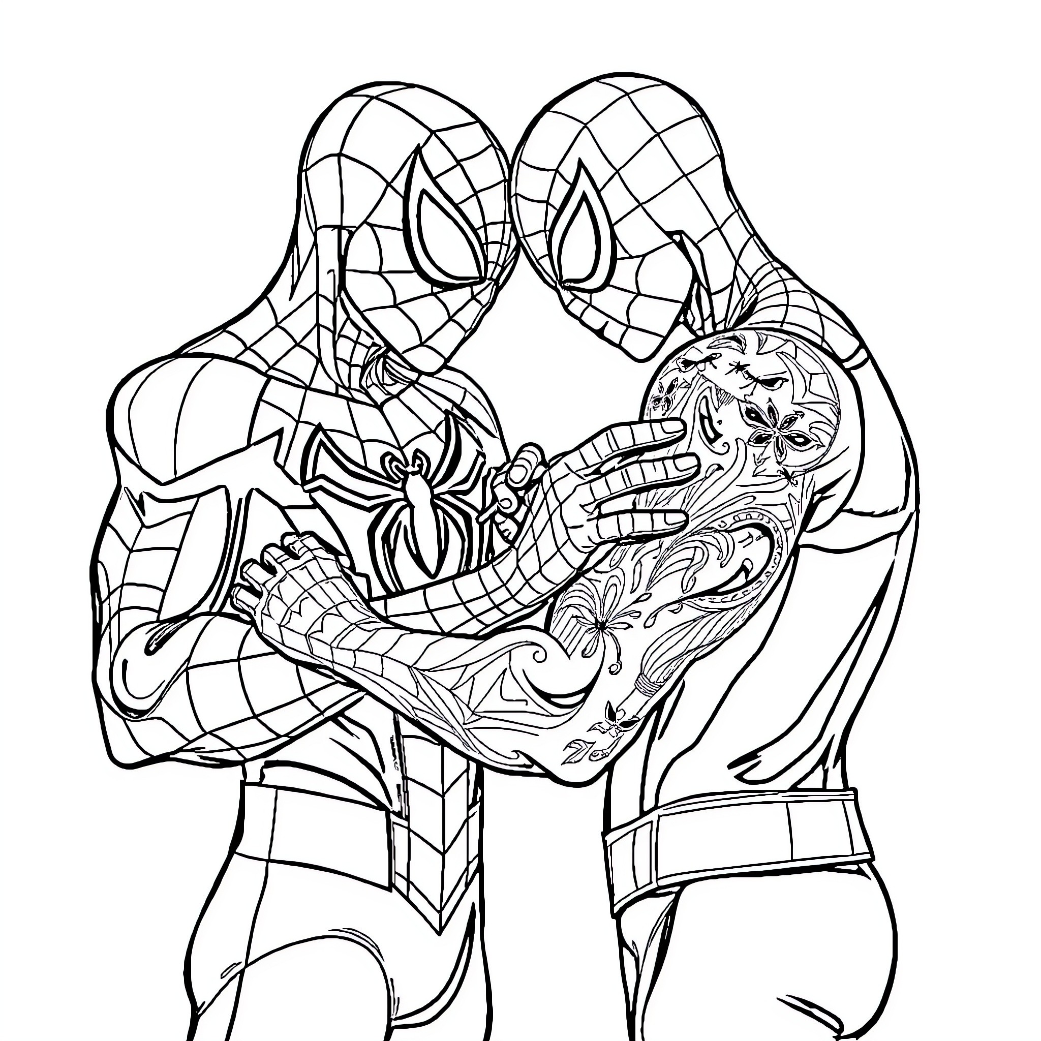 Spiderman Fighting Evil with Heroic Resolve Coloring Page (free black-and-white line drawing printable PDF for all, from beginners to advanced learners, including children, teens, adults, and seniors)
