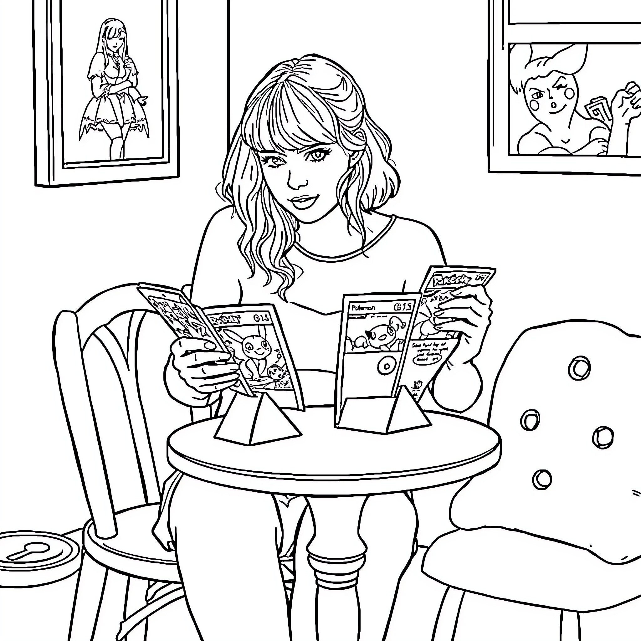 Taylor Swift reading comics at home Coloring Page (free black-and-white line drawing printable PDF for all, from beginners to advanced learners, including children, teens, adults, and seniors)