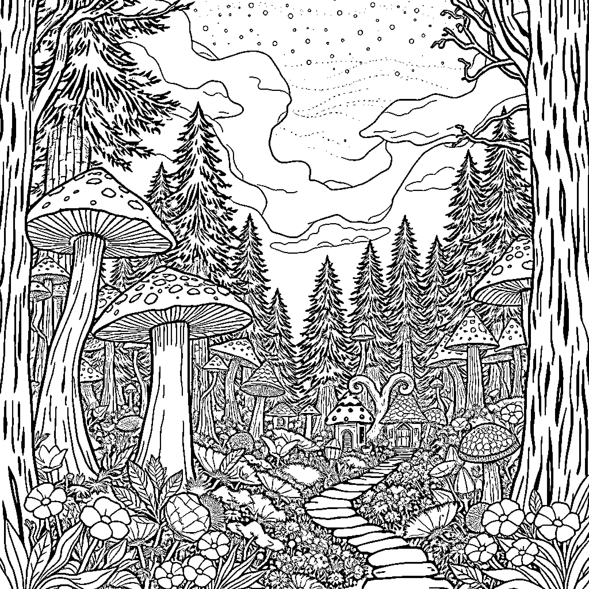 Forest Scene with Mushrooms and Snowy Landscape Coloring Page (free black-and-white line drawing printable PDF for all, from beginners to advanced learners, including children, teens, adults, and seniors)