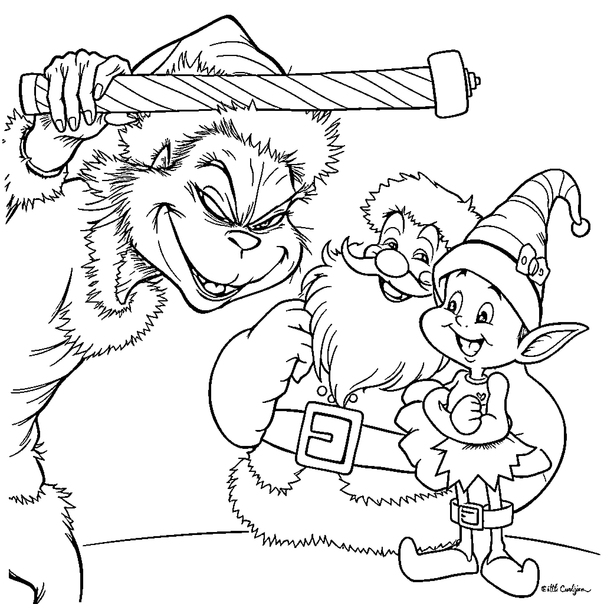 Grinch and Elf Causing Mischief Coloring Page (free black-and-white line drawing printable PDF for all, from beginners to advanced learners, including children, teens, adults, and seniors)