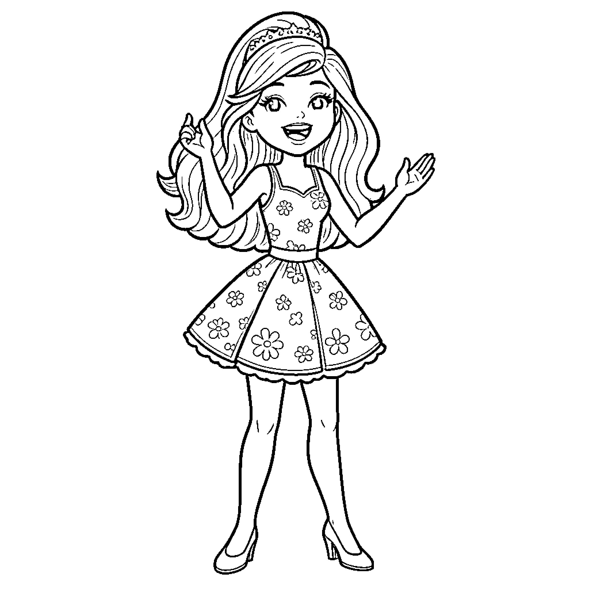 Barbie smiling in a floral dress and crown Coloring Page (free black-and-white line drawing printable PDF for all, from beginners to advanced learners, including children, teens, adults, and seniors)