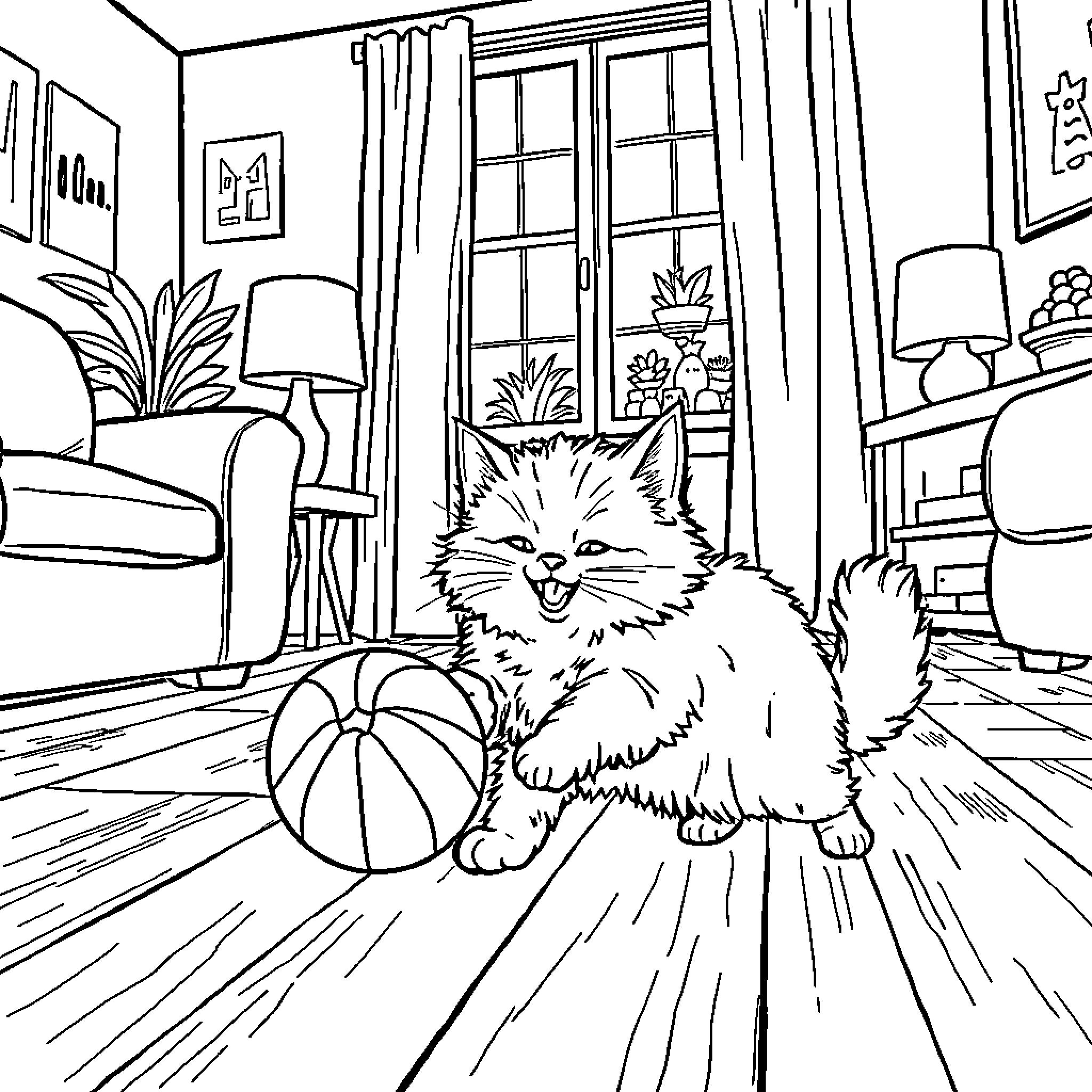 Cat playing with toy in cozy home Coloring Page (free black-and-white line drawing printable PDF for all, from beginners to advanced learners, including children, teens, adults, and seniors)