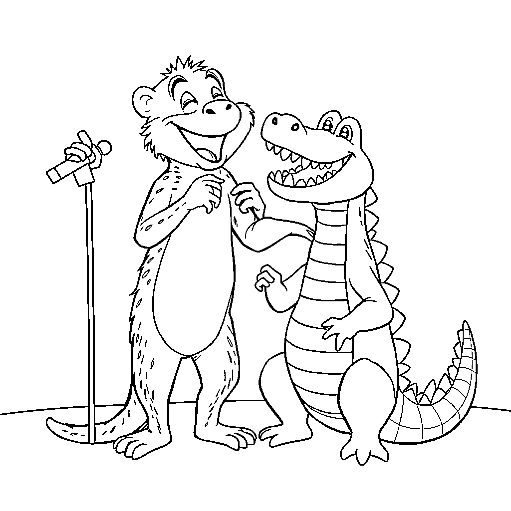 Gorilla and Alligator Performing Together Coloring Page (free black-and-white line drawing printable PDF for all, from beginners to advanced learners, including children, teens, adults, and seniors)