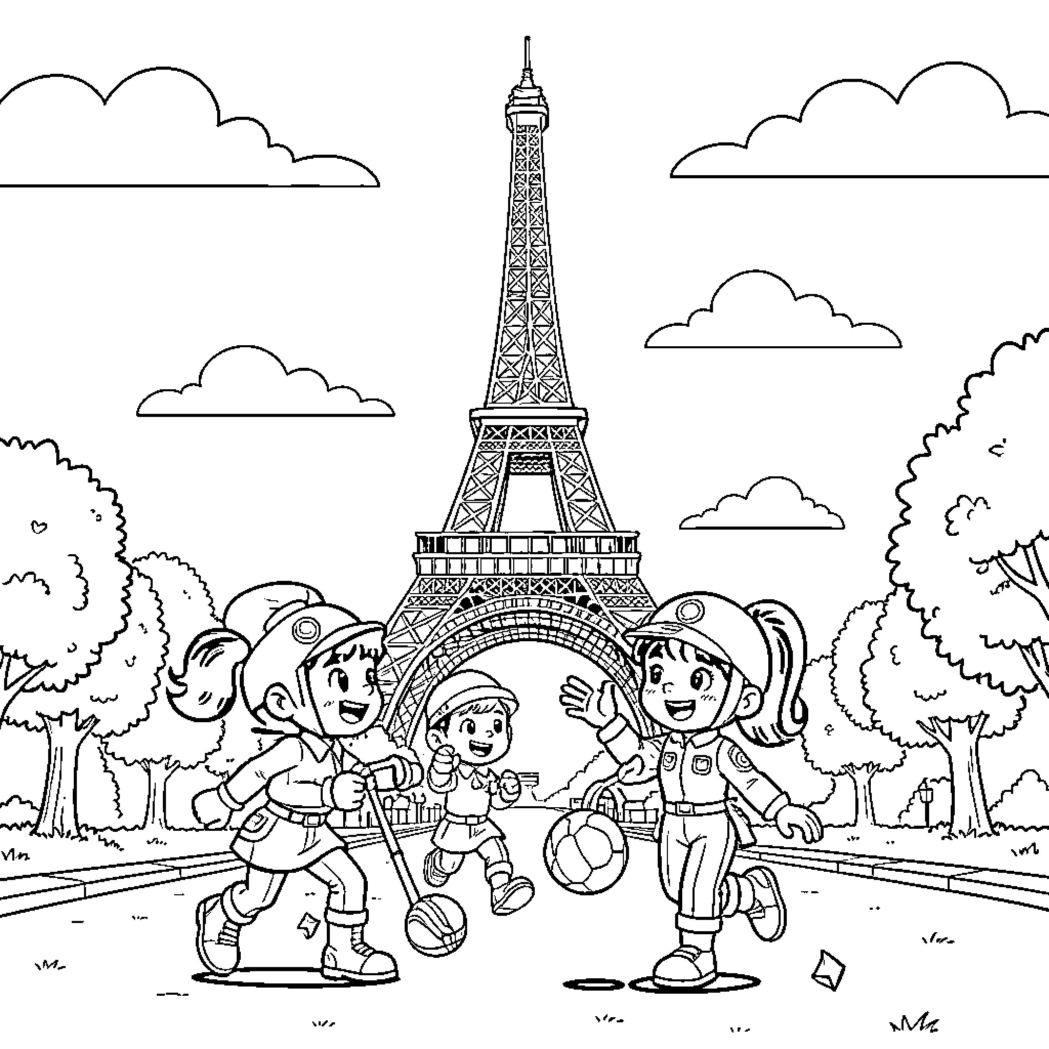 Pat Patrouille characters playing joyfully in Paris Coloring Page (free black-and-white line drawing printable PDF for all, from beginners to advanced learners, including children, teens, adults, and seniors)
