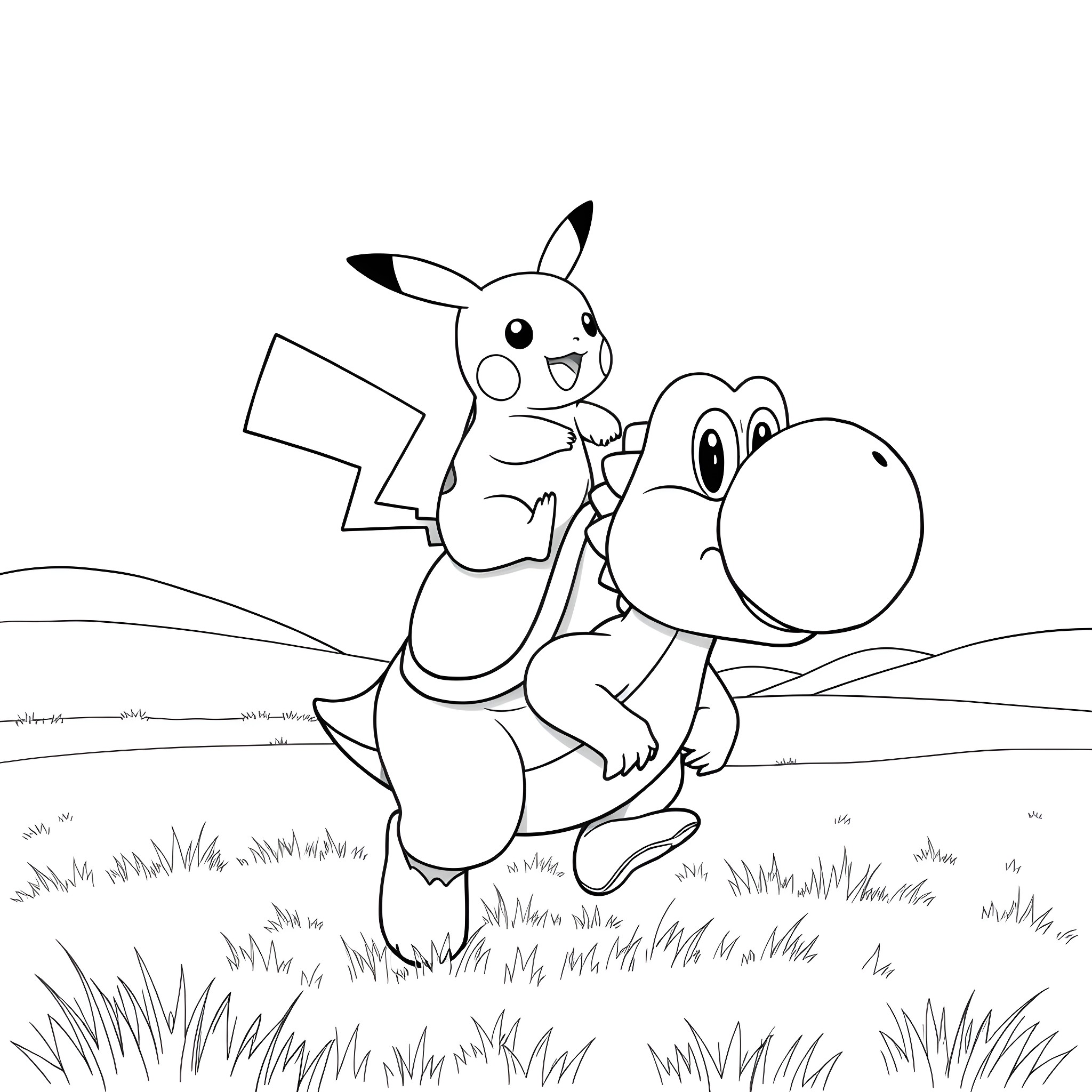 Pikachu riding a Yoshi in a grassy field Coloring Page (free black-and-white line drawing printable PDF for all, from beginners to advanced learners, including children, teens, adults, and seniors)