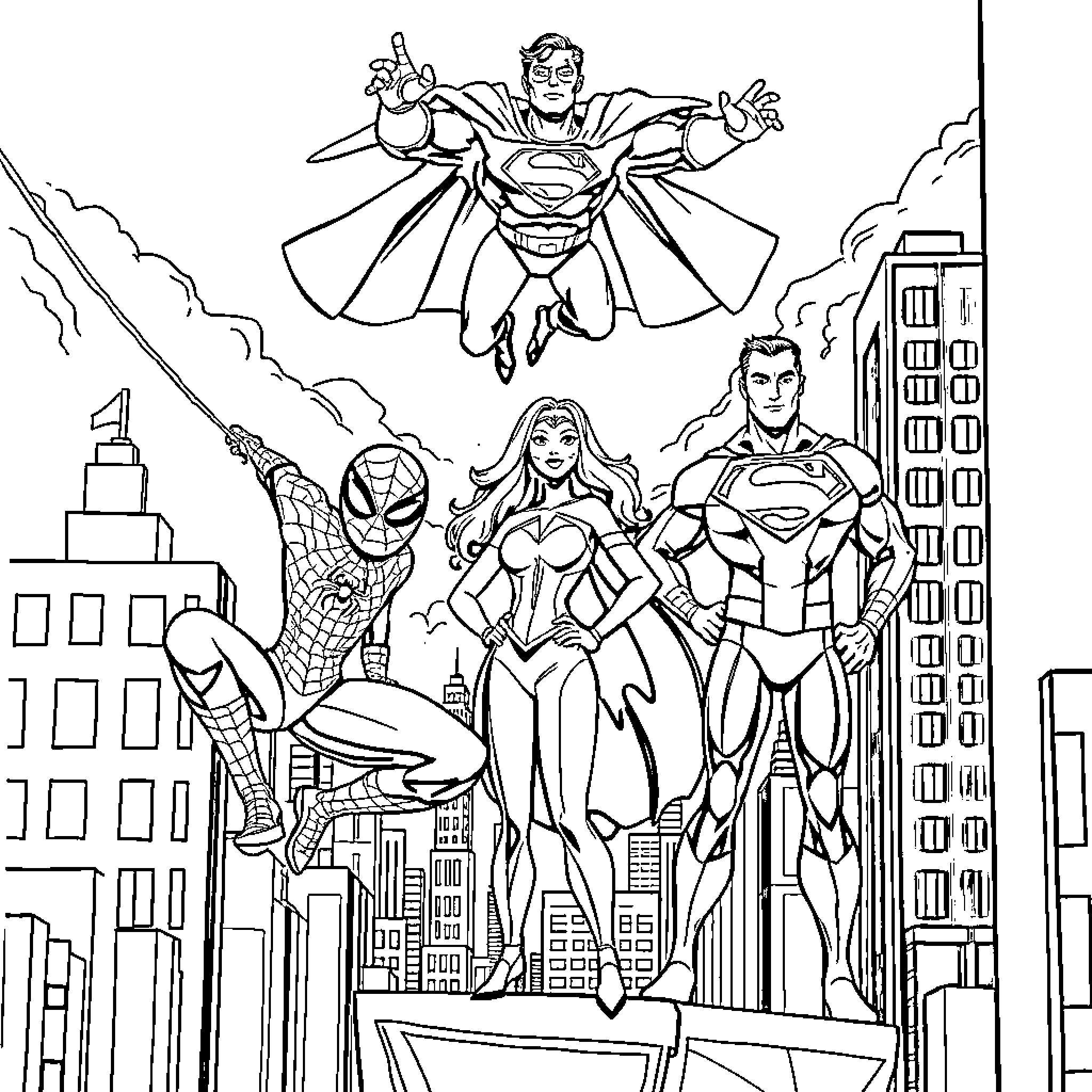 Superhero Team Assembles to Protect the City Coloring Page (free black-and-white line drawing printable PDF for all, from beginners to advanced learners, including children, teens, adults, and seniors)