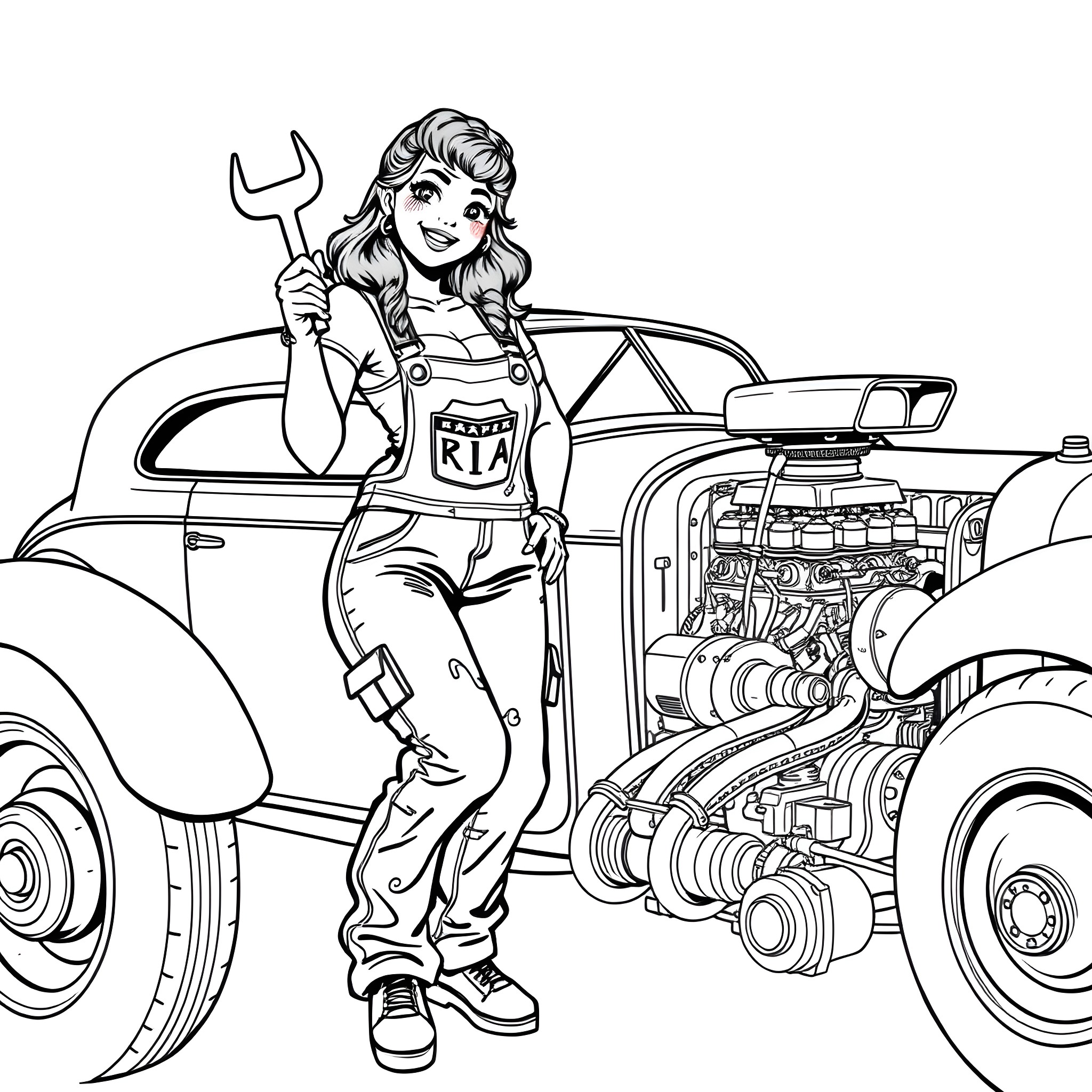 Mechanic working on a vintage car with enthusiasm Coloring Page (free black-and-white line drawing printable PDF for all, from beginners to advanced learners, including children, teens, adults, and seniors)