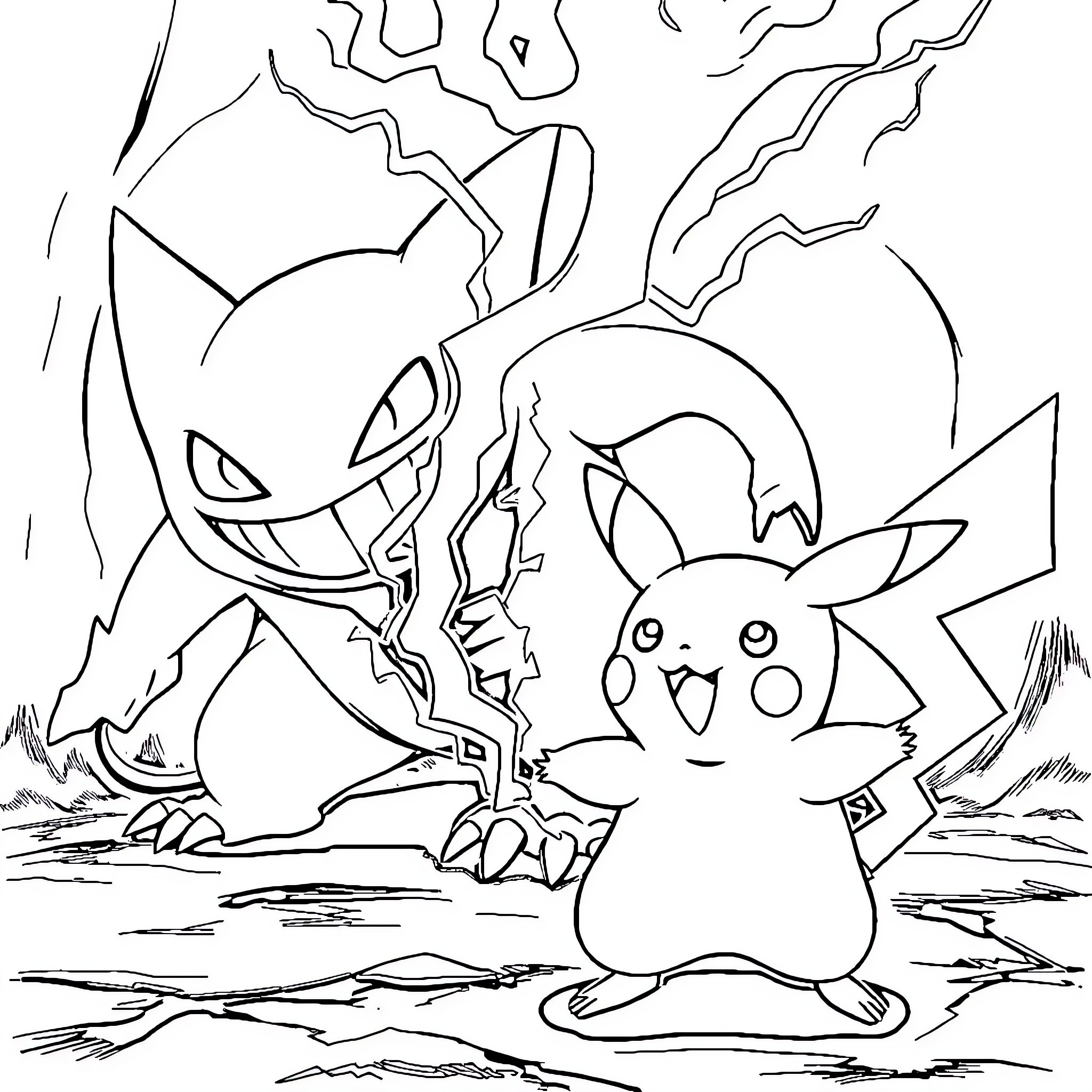 Pikachu and Gengar in a Battle Scene Coloring Page (free black-and-white line drawing printable PDF for all, from beginners to advanced learners, including children, teens, adults, and seniors)
