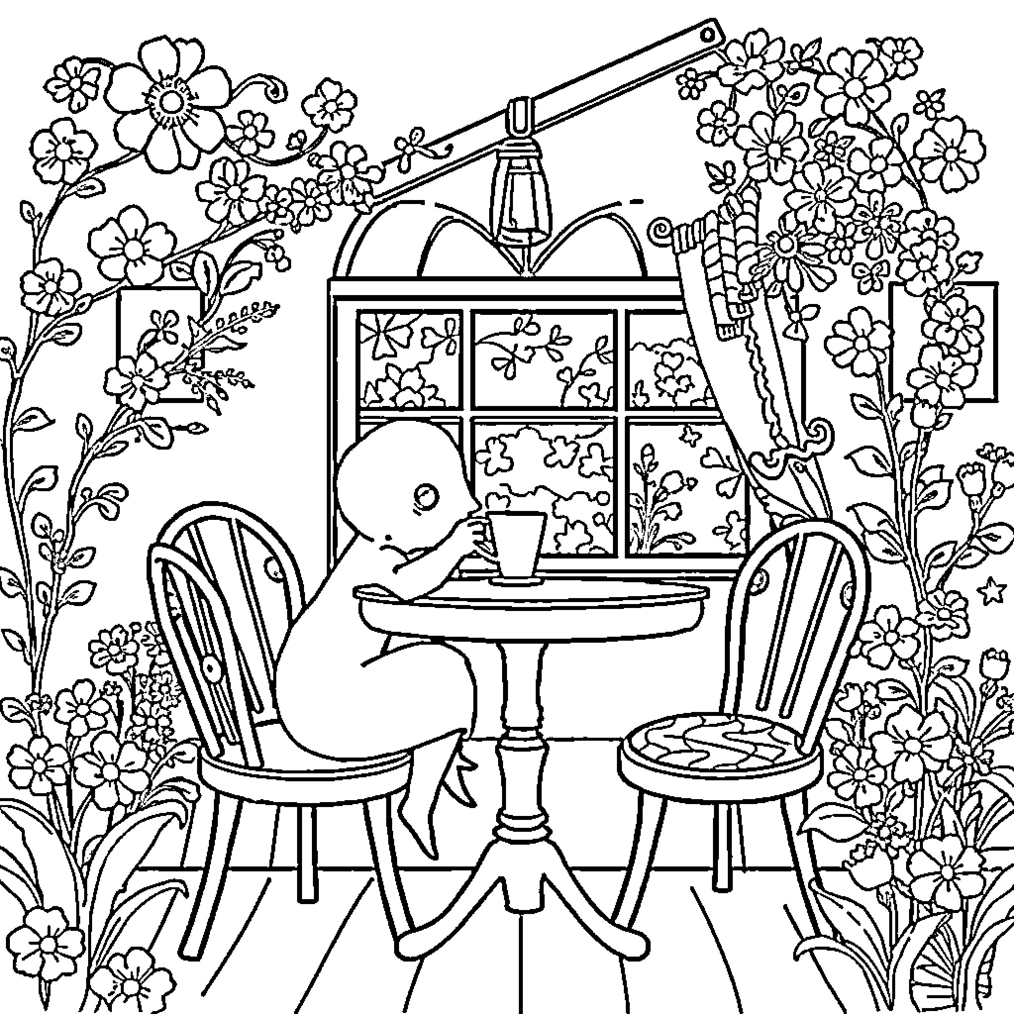 Hada's Cozy Floral Cafe Escape Coloring Page (free black-and-white line drawing printable PDF for all, from beginners to advanced learners, including children, teens, adults, and seniors)