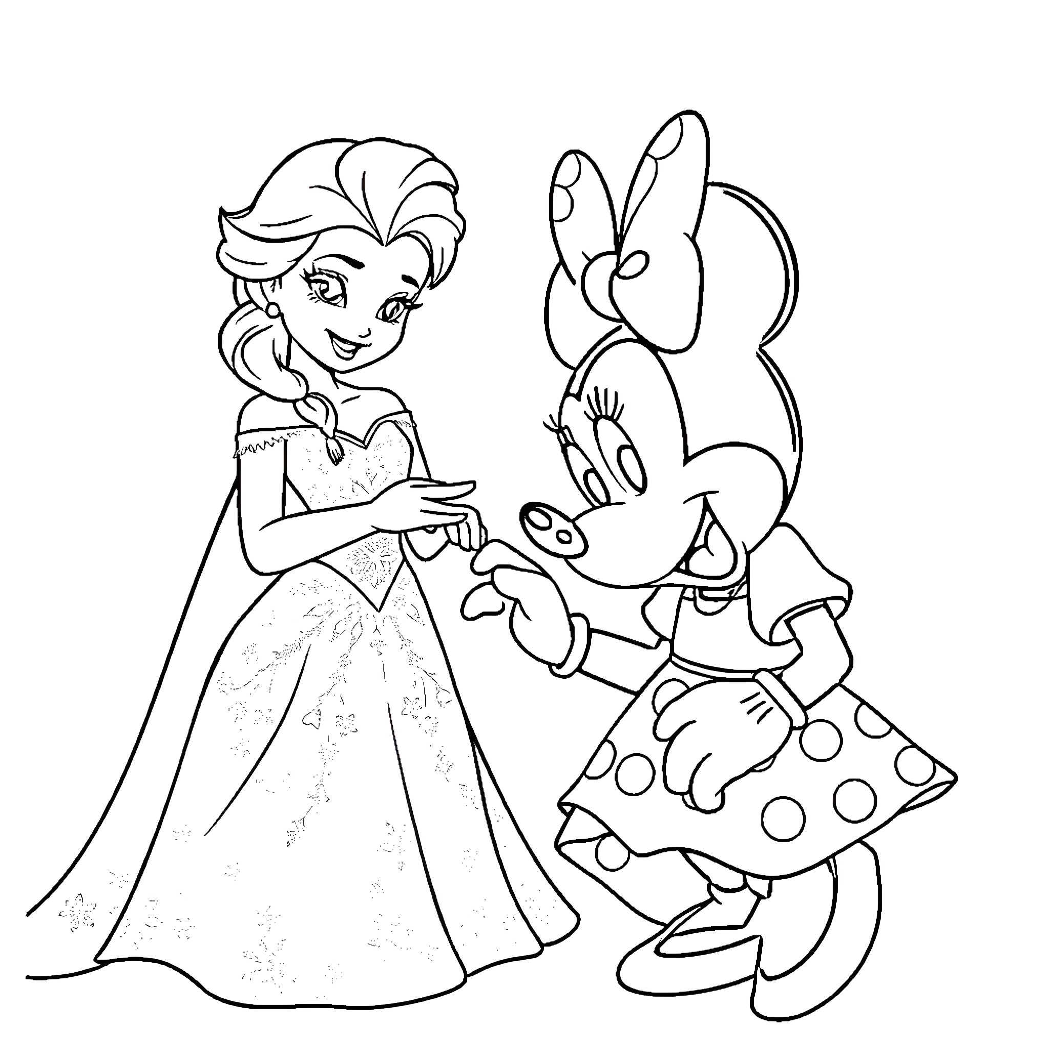 Elsa and Minnie Mouse in a friendly interaction Coloring Page (free black-and-white line drawing printable PDF for all, from beginners to advanced learners, including children, teens, adults, and seniors)