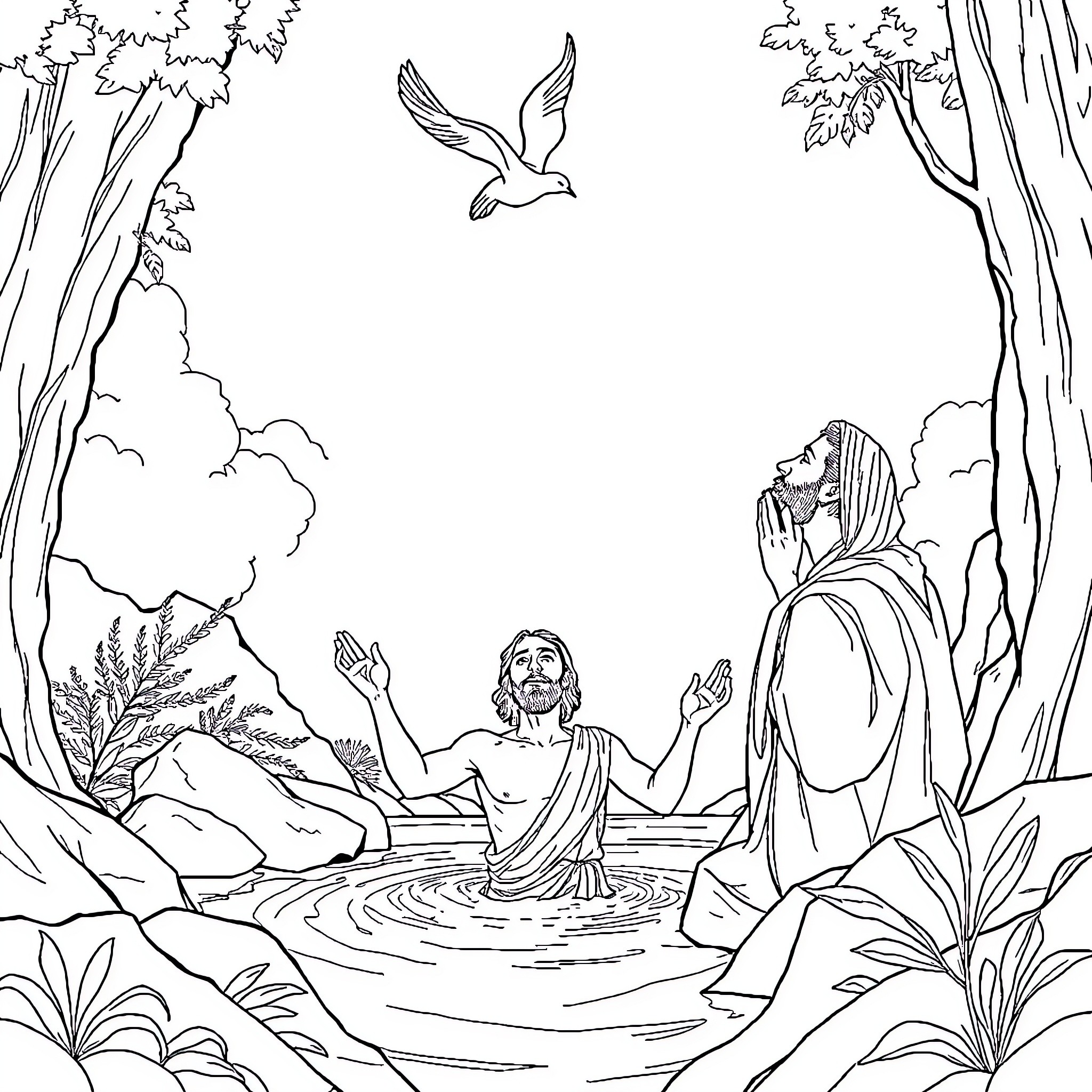 Jesus Baptized by John the Baptist in the River Coloring Page (free black-and-white line drawing printable PDF for all, from beginners to advanced learners, including children, teens, adults, and seniors)