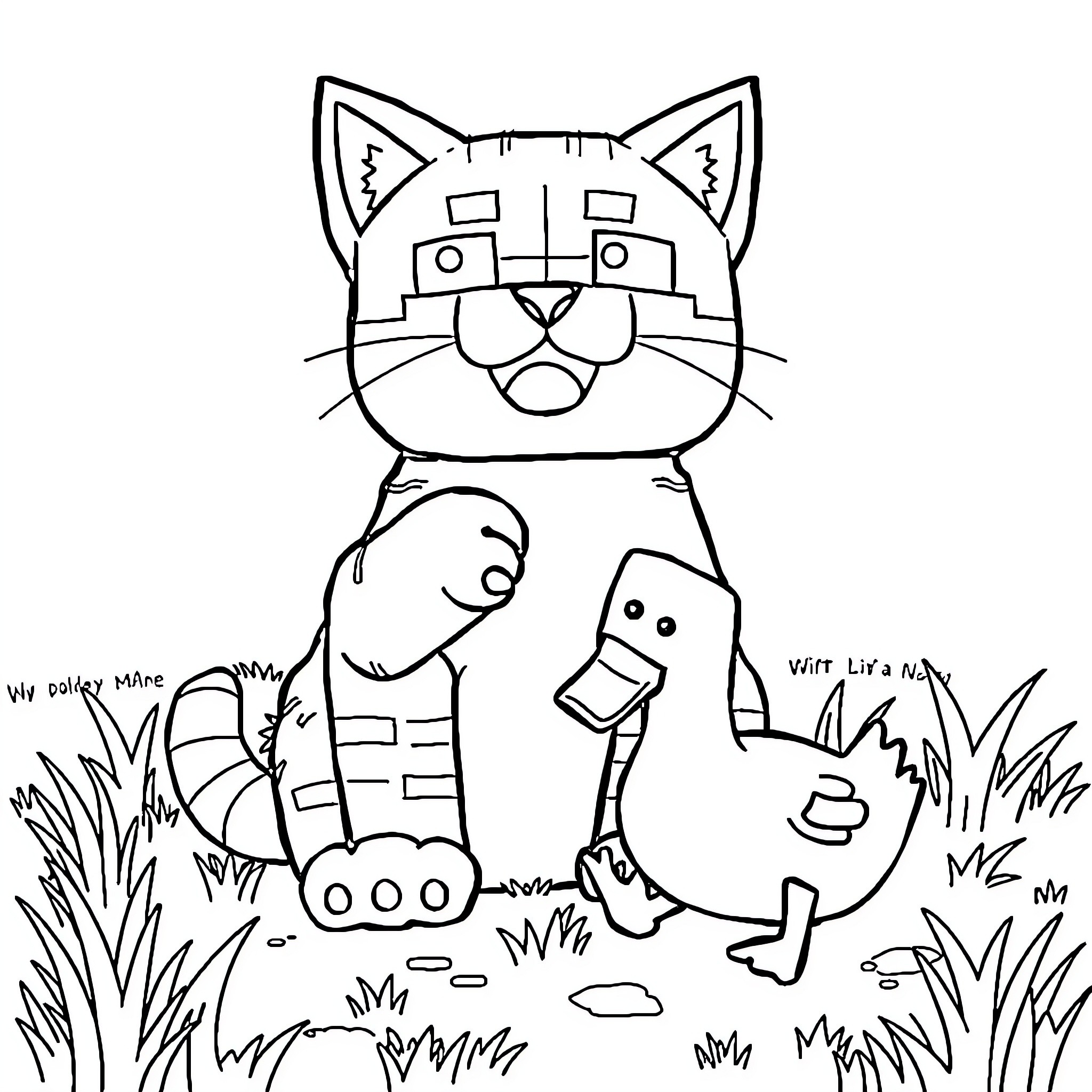 Cat enjoying playtime with friends in the meadow Coloring Page (free black-and-white line drawing printable PDF for all, from beginners to advanced learners, including children, teens, adults, and seniors)